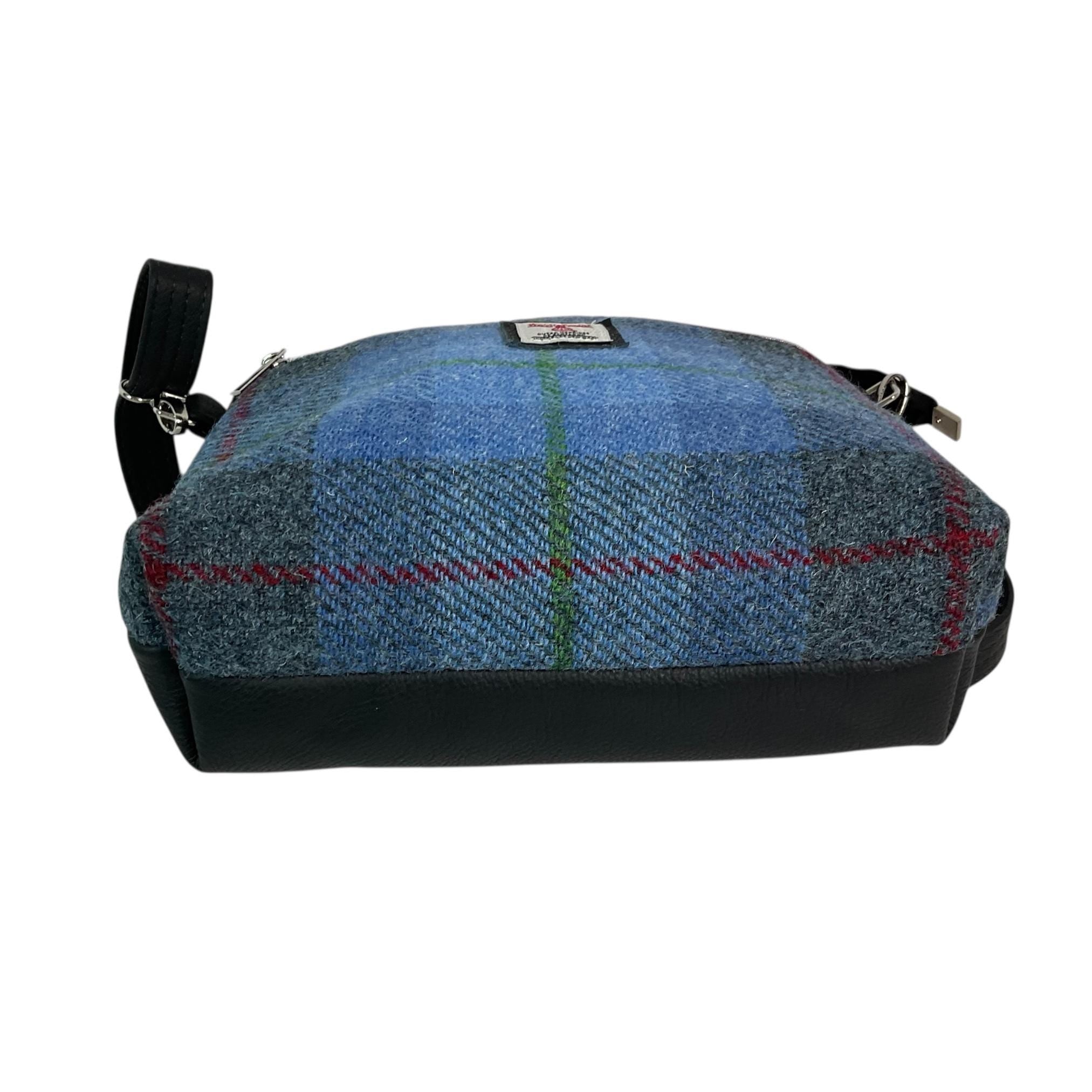 Handbag in genuine leather and Harris tweed tartan print pure wool,  blue and red  check medium sized zip top shoulder bag