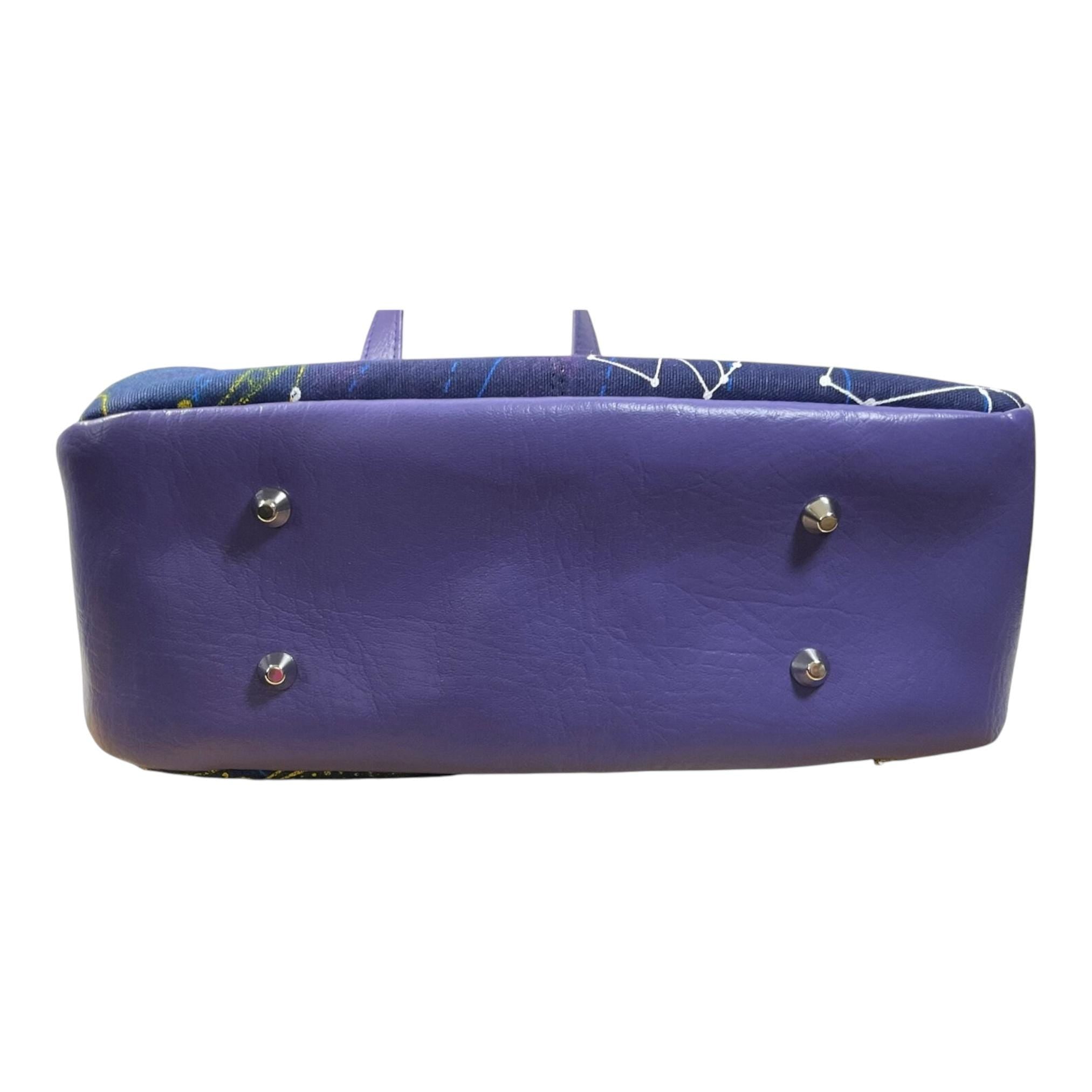 Handbag in faux leather and astrological space print, vegan ladies gift, handles and crossbody strap bag, rectangular shoulder zip pouch,