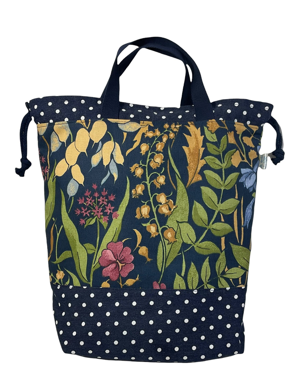 Extra Large canvas drawstring knitting bag with floral  print, multi pockets project  bag with handles, flower lover gift