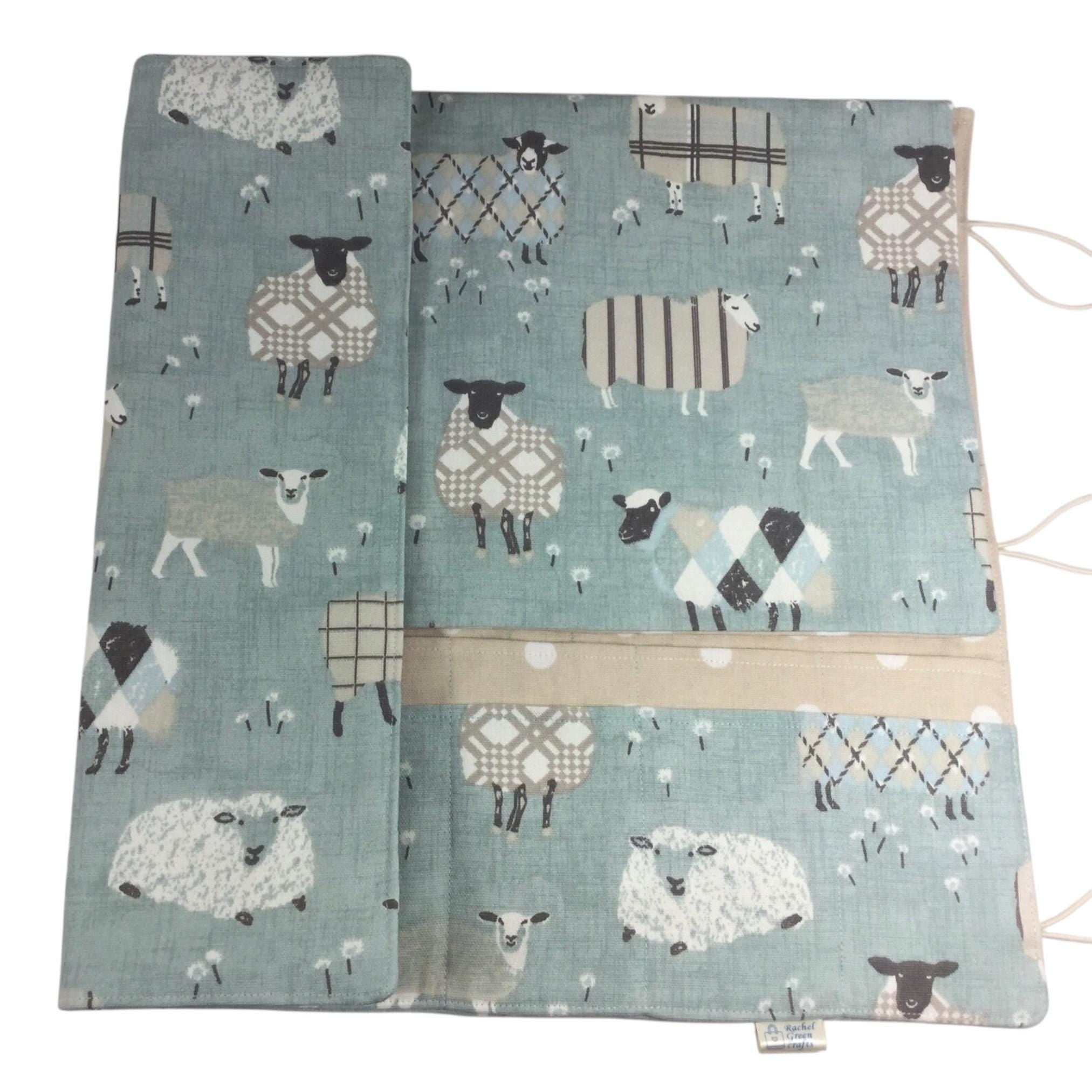 Straight and circular knitting needle case with blue sheep, knitting needle pouch,  needle storage, long needles wallet, fixed sock needle