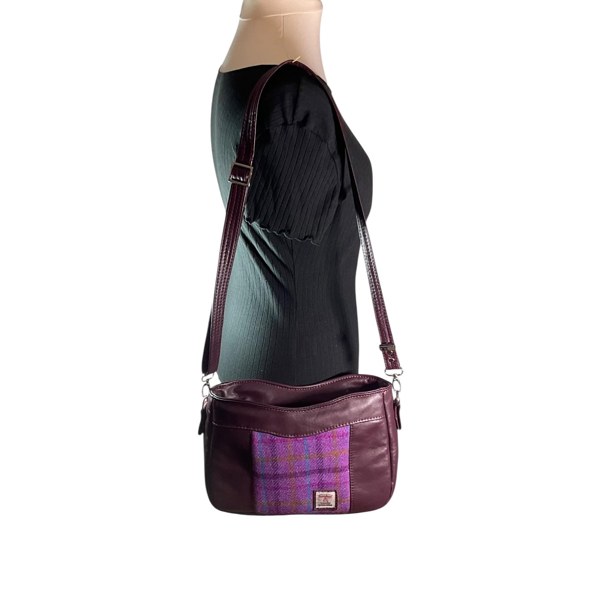 Handbag in genuine leather and Harris tweed tartan print pure wool, green and purple check medium sized zip top shoulder bag