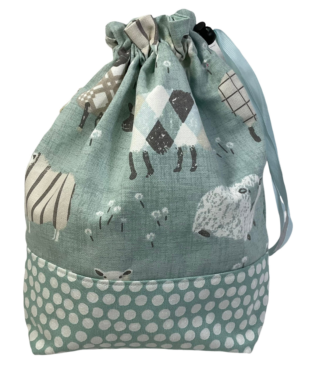 Two at a time knitting bag with tartan/plaid sheep, blue sock sack, drawstring divided, shoe, toiletries pouch, work in progress, WIP