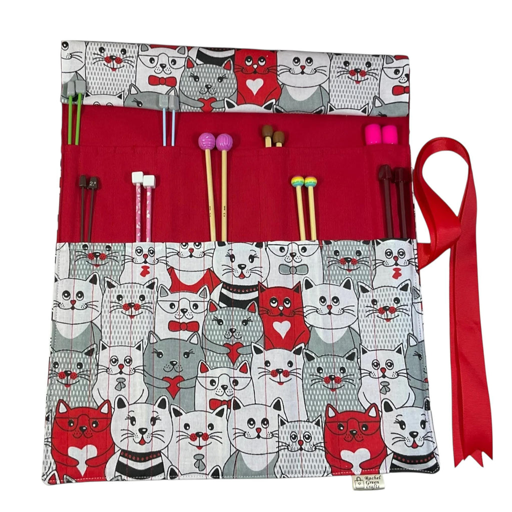 Straight knitting needle case with cats, needle roll, needle case, needle storage, knitting accessories, knitters gift, needle organiser