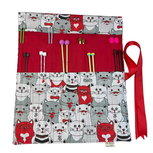 Straight knitting needle case with cats, needle roll, needle case, needle storage, knitting accessories, knitters gift, needle organiser
