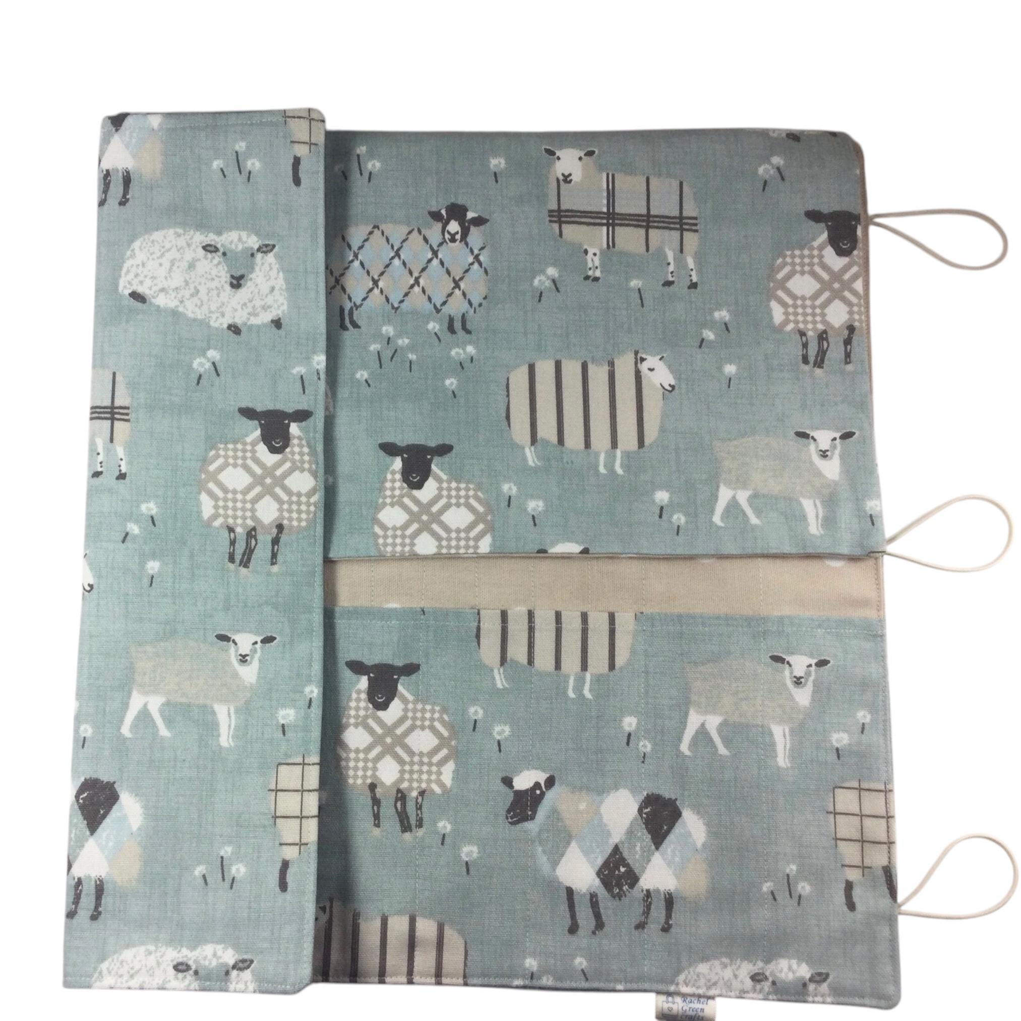 Straight and double pointed knitting needle case with blue sheep, knitting needle pouch,  needle storage, long needles wallet, sock needle