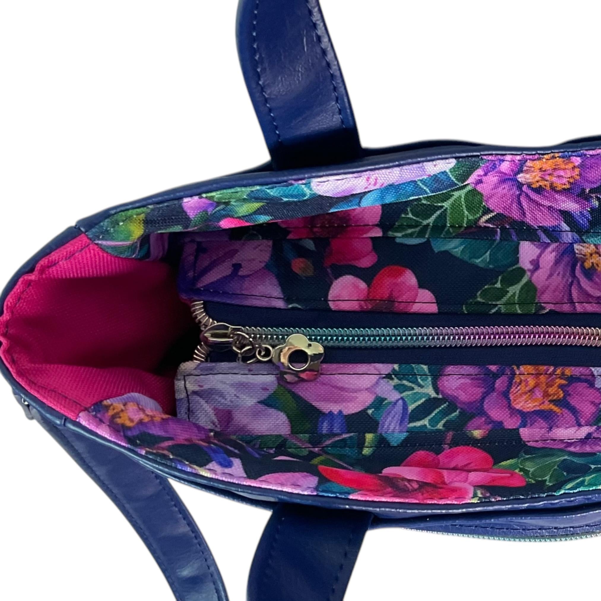 Handbag in faux leather and purple  floral print, vegan ladies gift, handles and crossbody strap bag, rectangular shoulder zip tote
