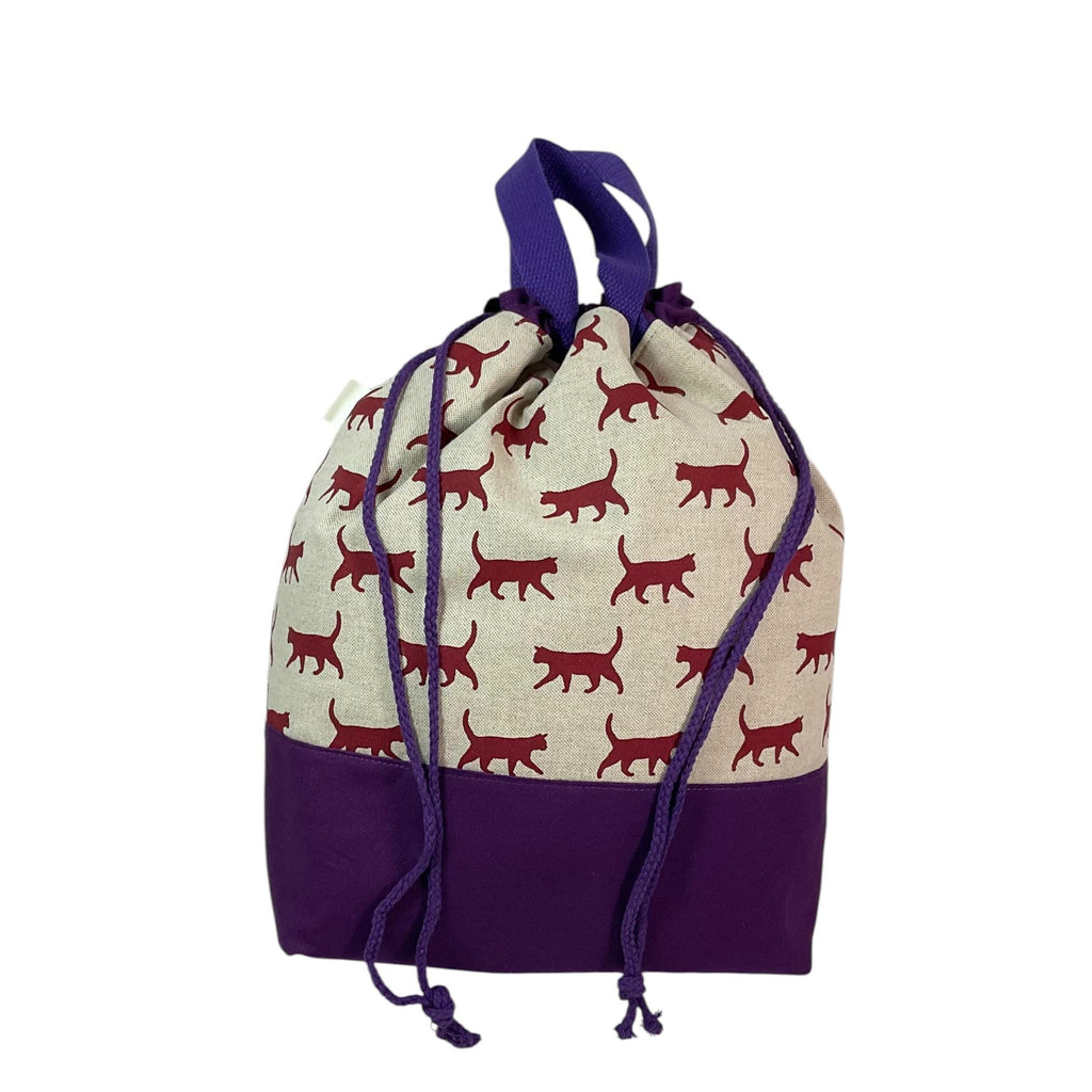Extra Large drawstring knitting bag with cat print, multi pockets project bag with handles