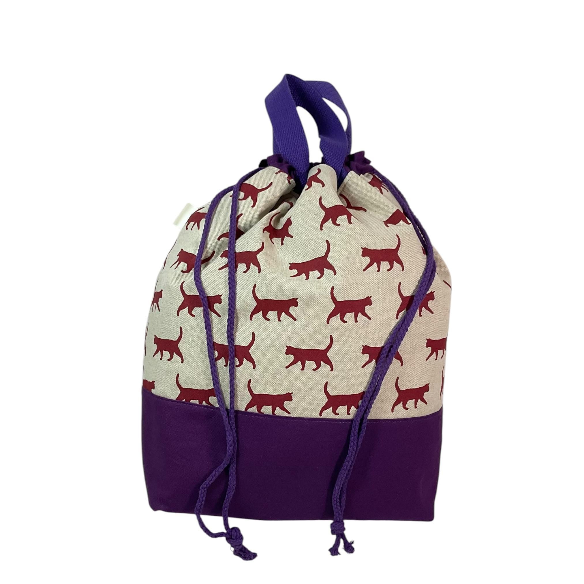 Extra Large drawstring knitting bag with cat print, multi pockets project bag with handles