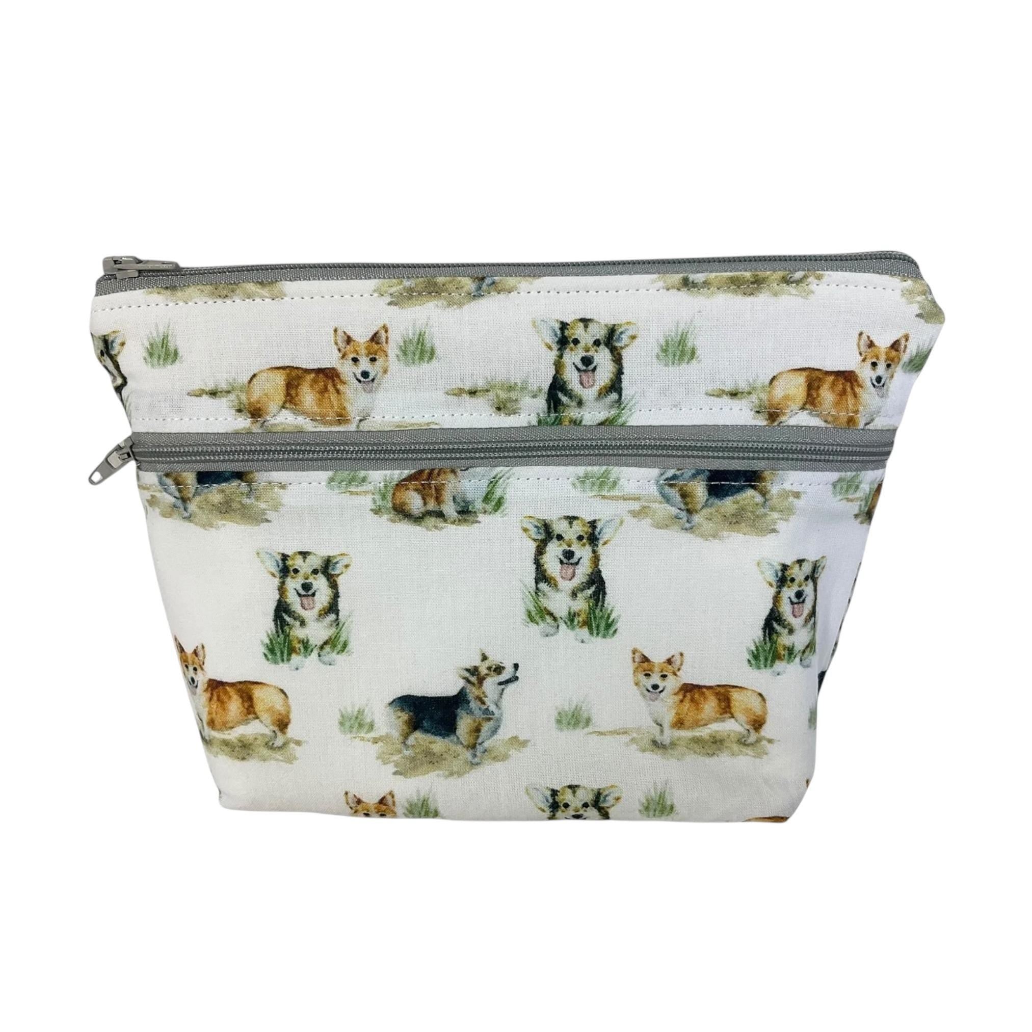 Cosmetics bag with corgi, chihuahua, bulldog, retriever and daschund,  dog breeds print,  2 pockets, water resistant makeup pouch,