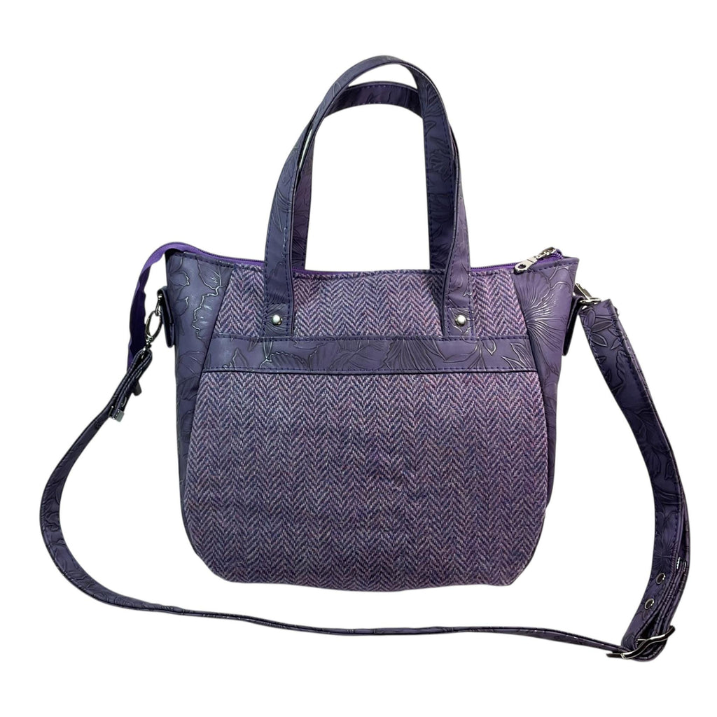 Harris tweed Crossbody Handbag, floral faux leather tote, purple  shoulder bag,  zip pocket large adjustable strap organiser bag