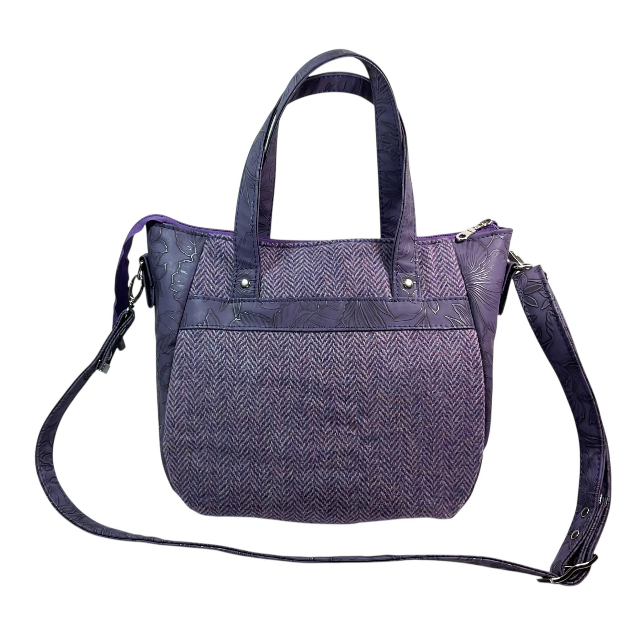 Harris tweed Crossbody Handbag, floral faux leather tote, purple  shoulder bag,  zip pocket large adjustable strap organiser bag