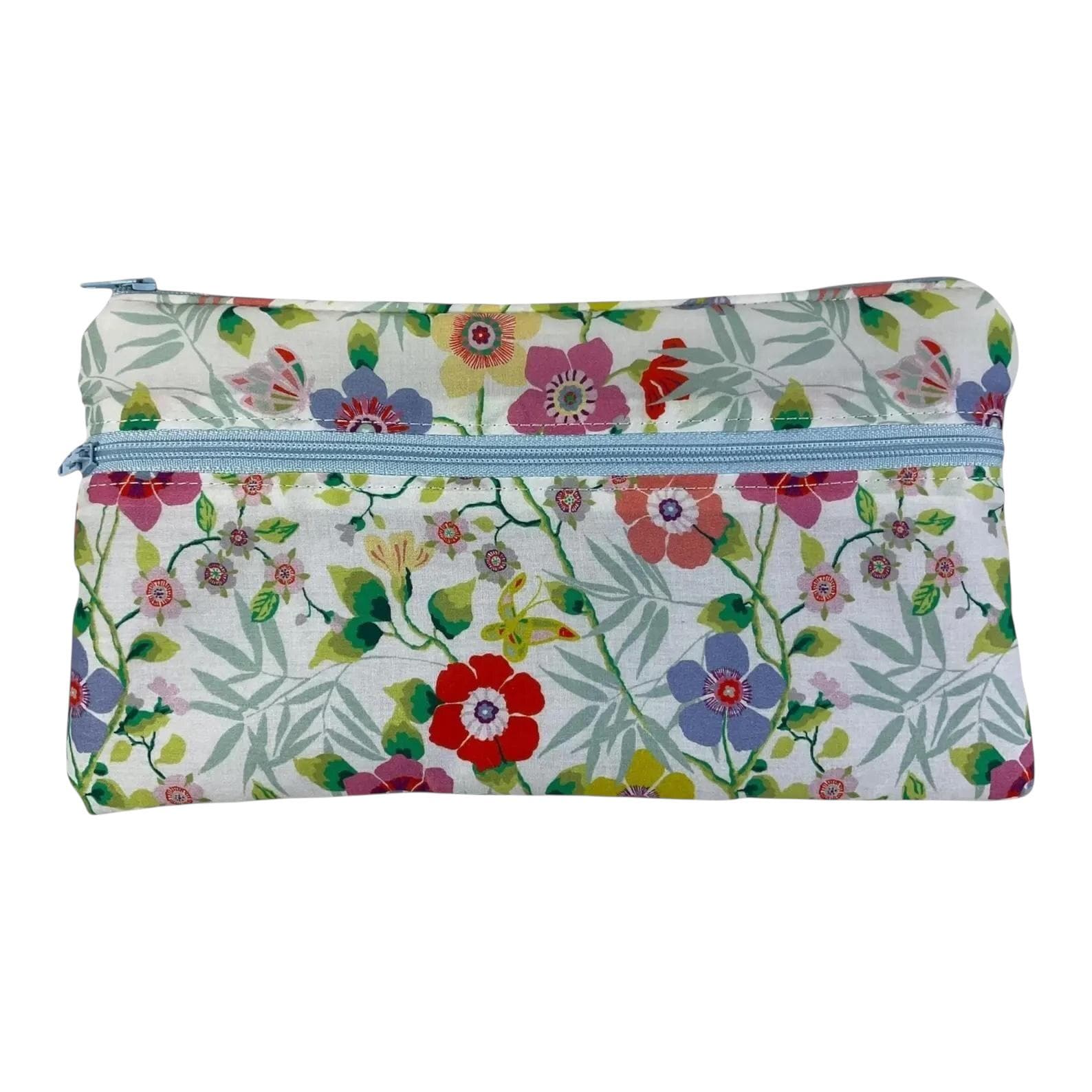 Liberty fabric two pocket pouch, double pocket cosmetics case, 2 section pencil storage,  floral water resistant ladies gift, girls privacy