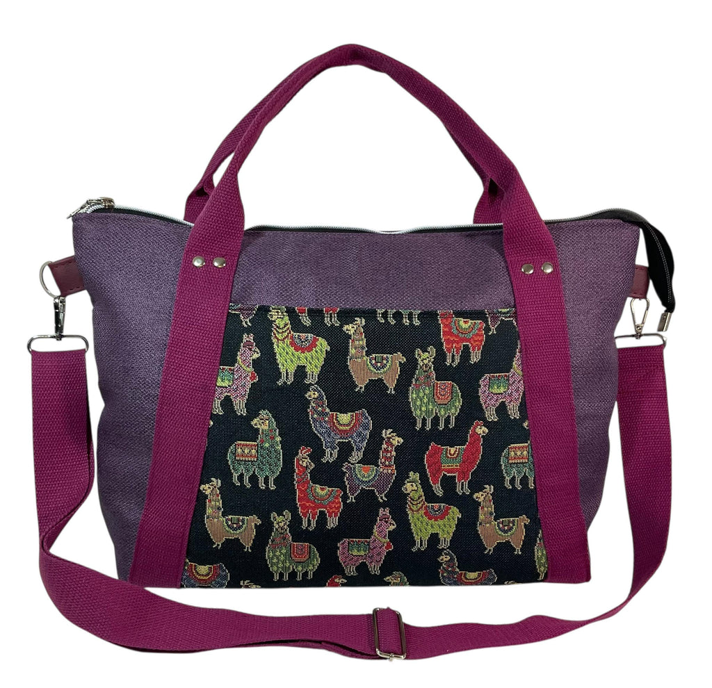 Knitting and crochet tote bag with zip top, large llamas organiser crossbody bag