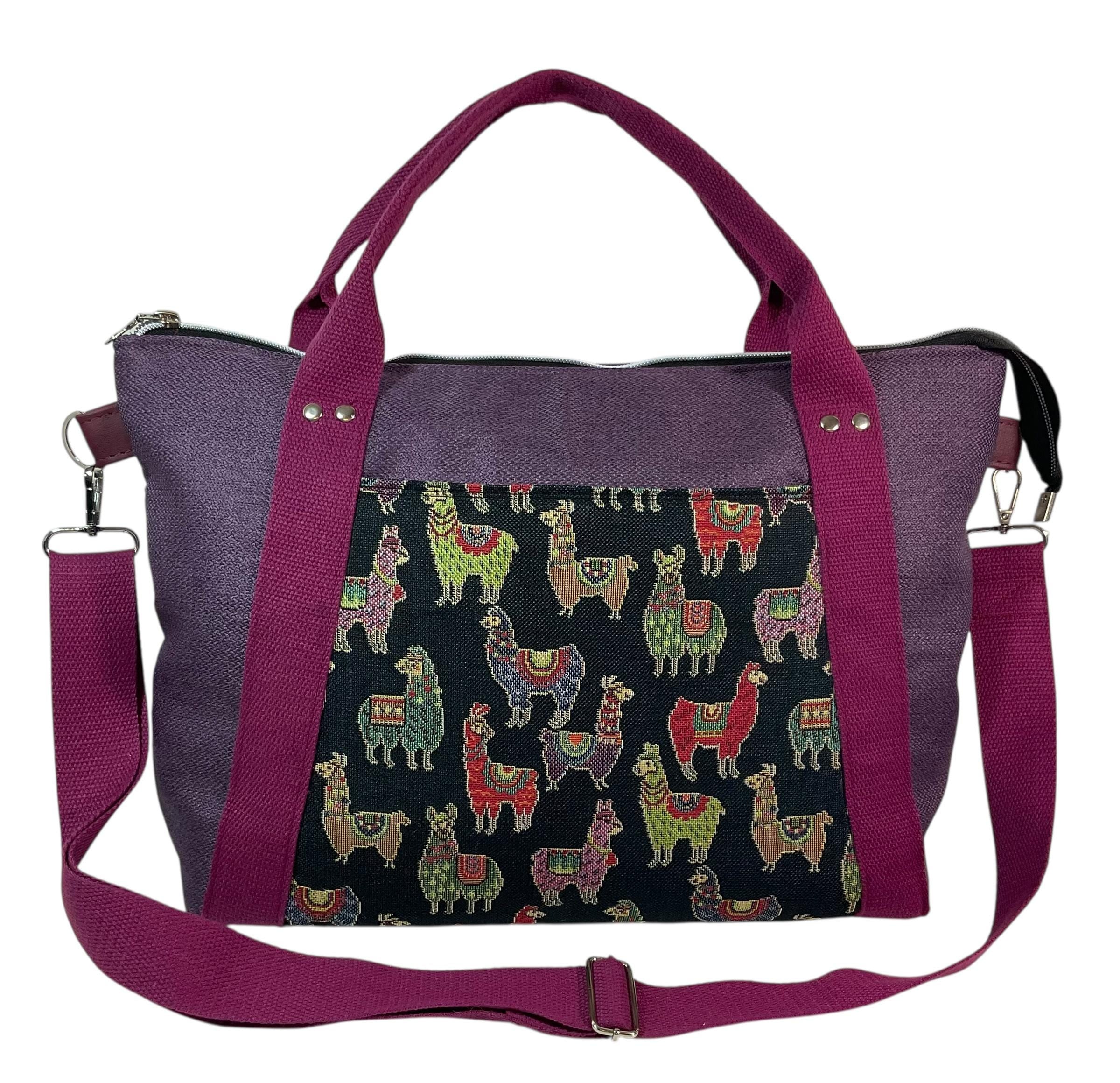 Knitting and crochet tote bag with zip top, large llamas organiser crossbody bag