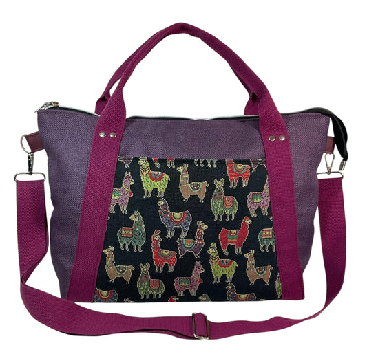 Knitting and crochet tote bag with llamas