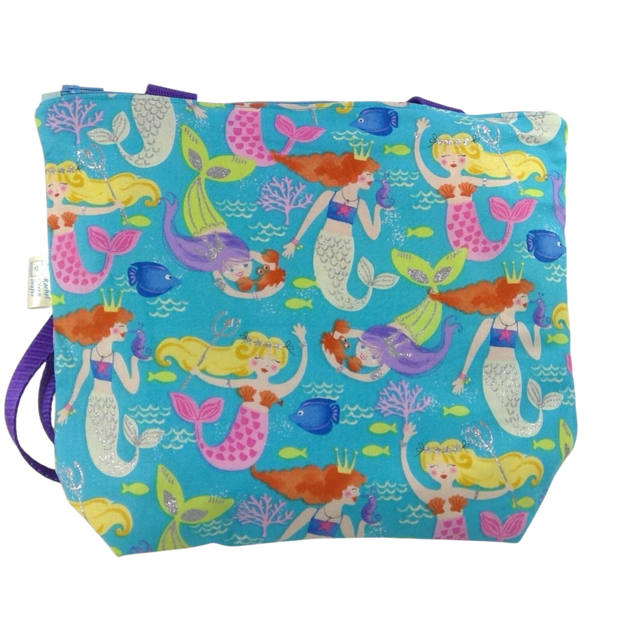 Small tote bag with zip, girls glittery mermaids shoulder bag, ballerina mini tote, child's unicorn book bag, fully lined project bag