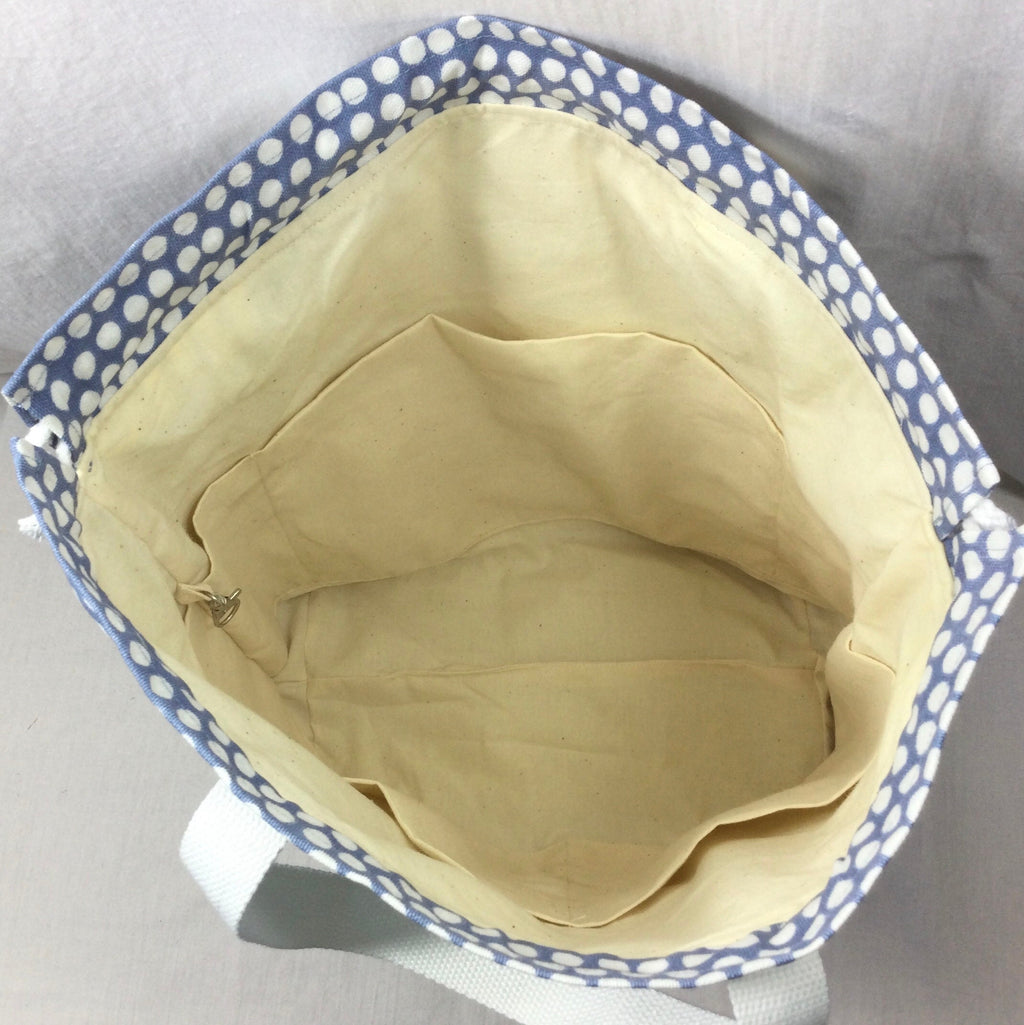 Extra Large drawstring knitting bag with blue sheep print, multi pockets project bag with handles