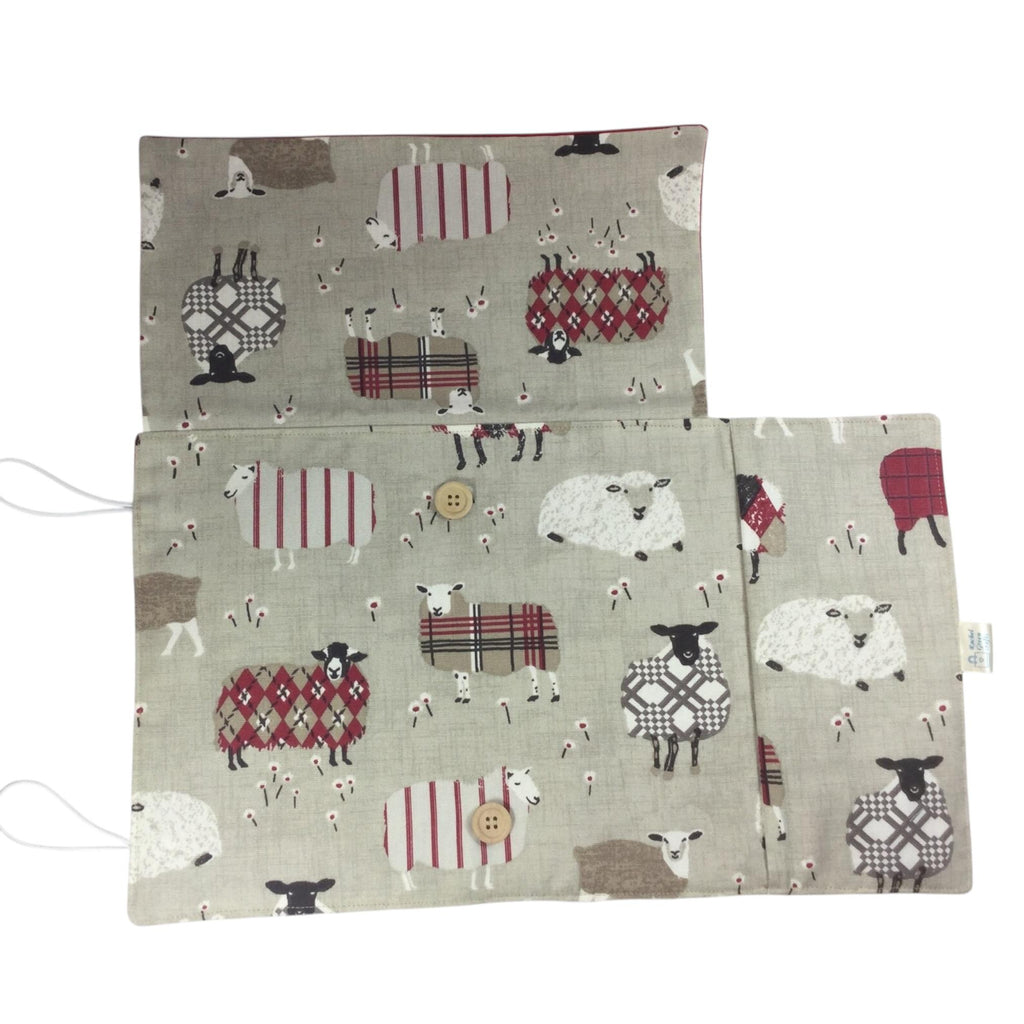 interchangeable and double pointed needle case with red sheep, knitting needle pouch, hiya hiya case, knit pro wallet