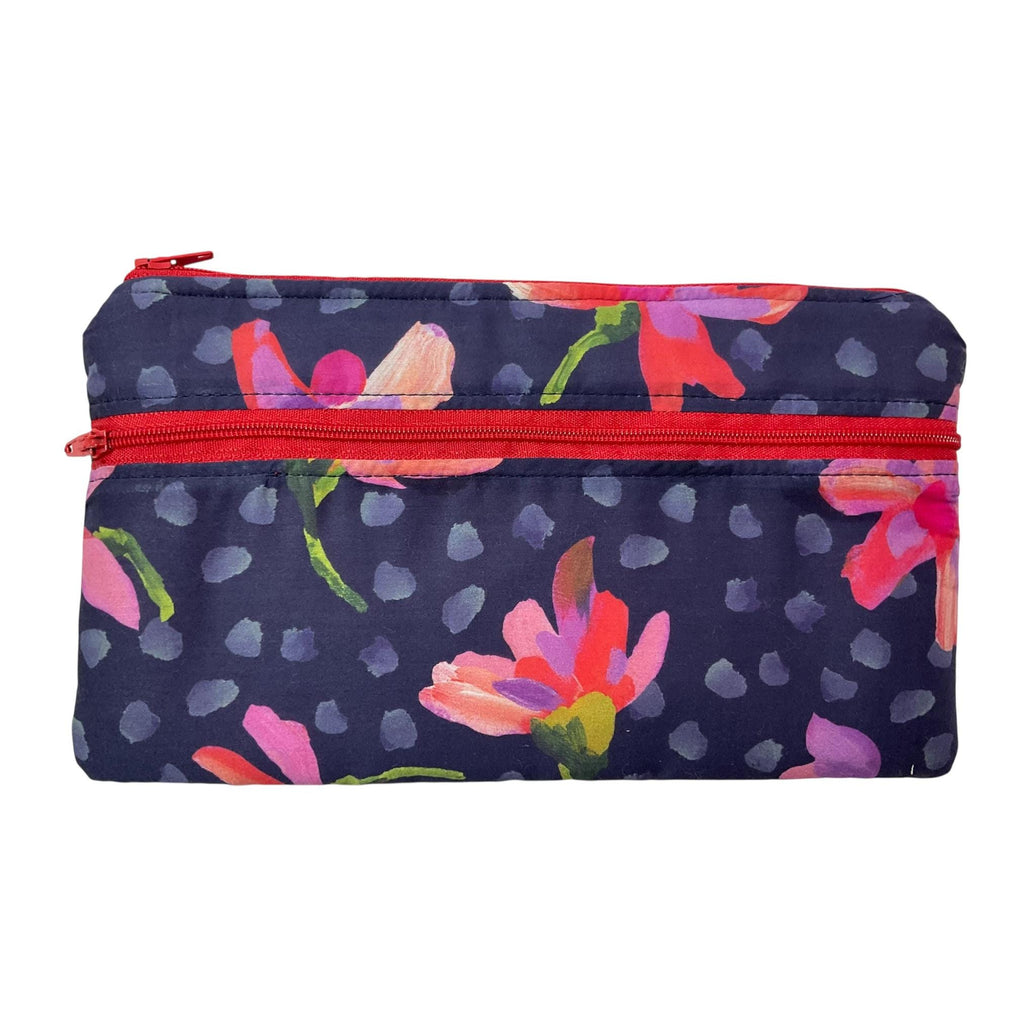 Liberty fabric two pocket pouch, double pocket cosmetics case, 2 section pencil storage, floral water resistant ladies gift, privacy