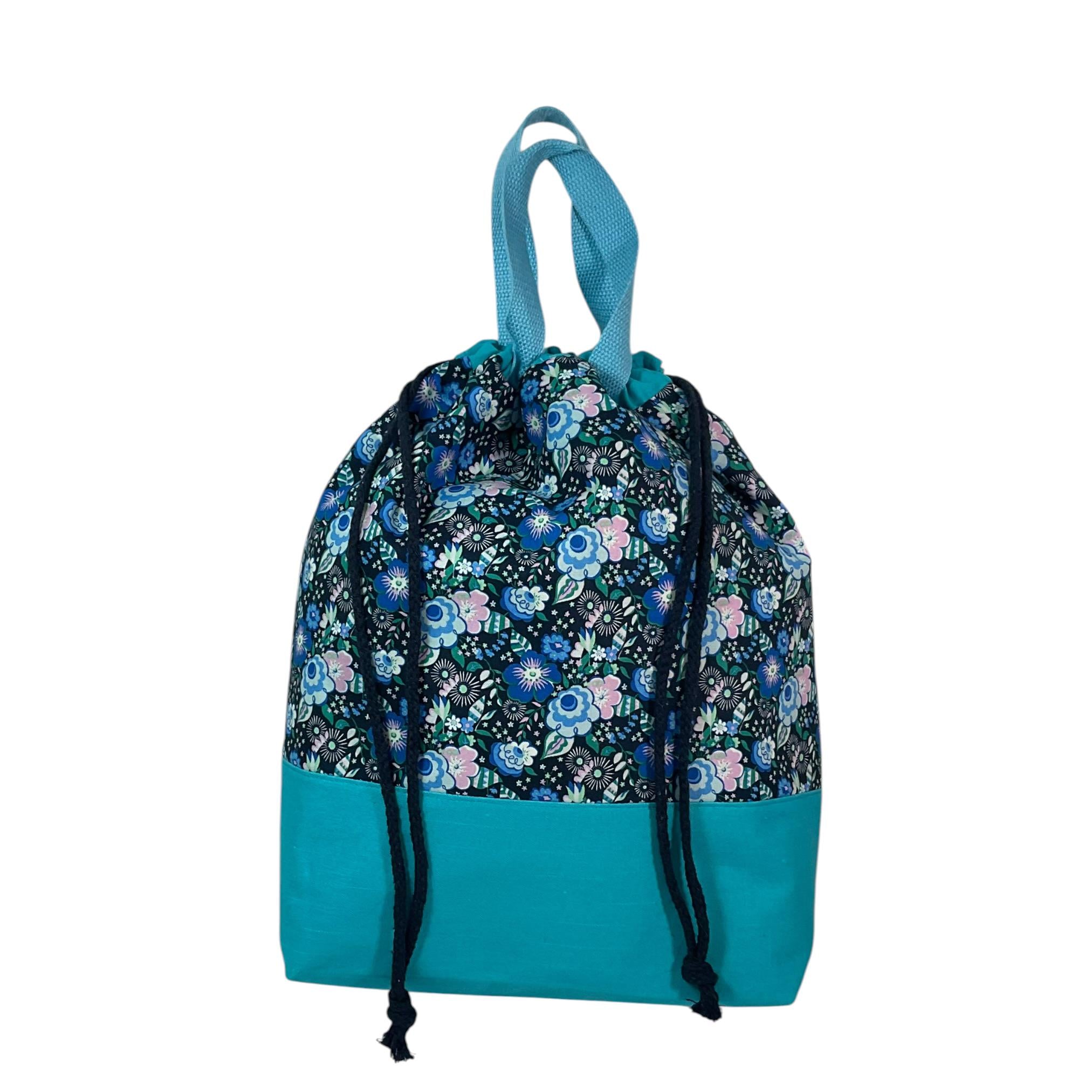 Liberty fabric Extra Large drawstring knitting bag with floral print, multi pockets project  bag with handle, flower lover gift