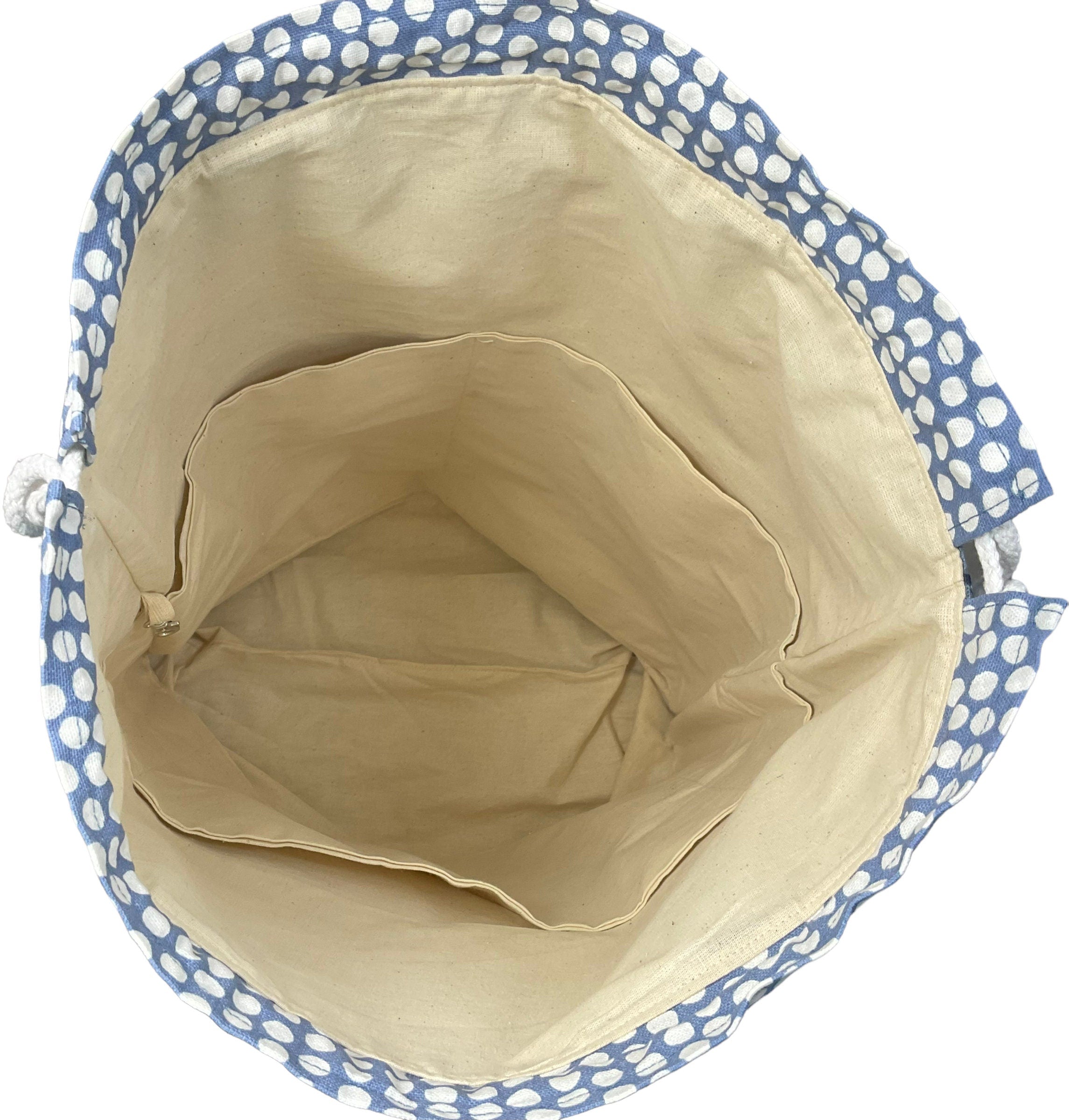 XXL  drawstring knitting bag with denim blue coloured sheep print, supersized multi pockets project bag with handles