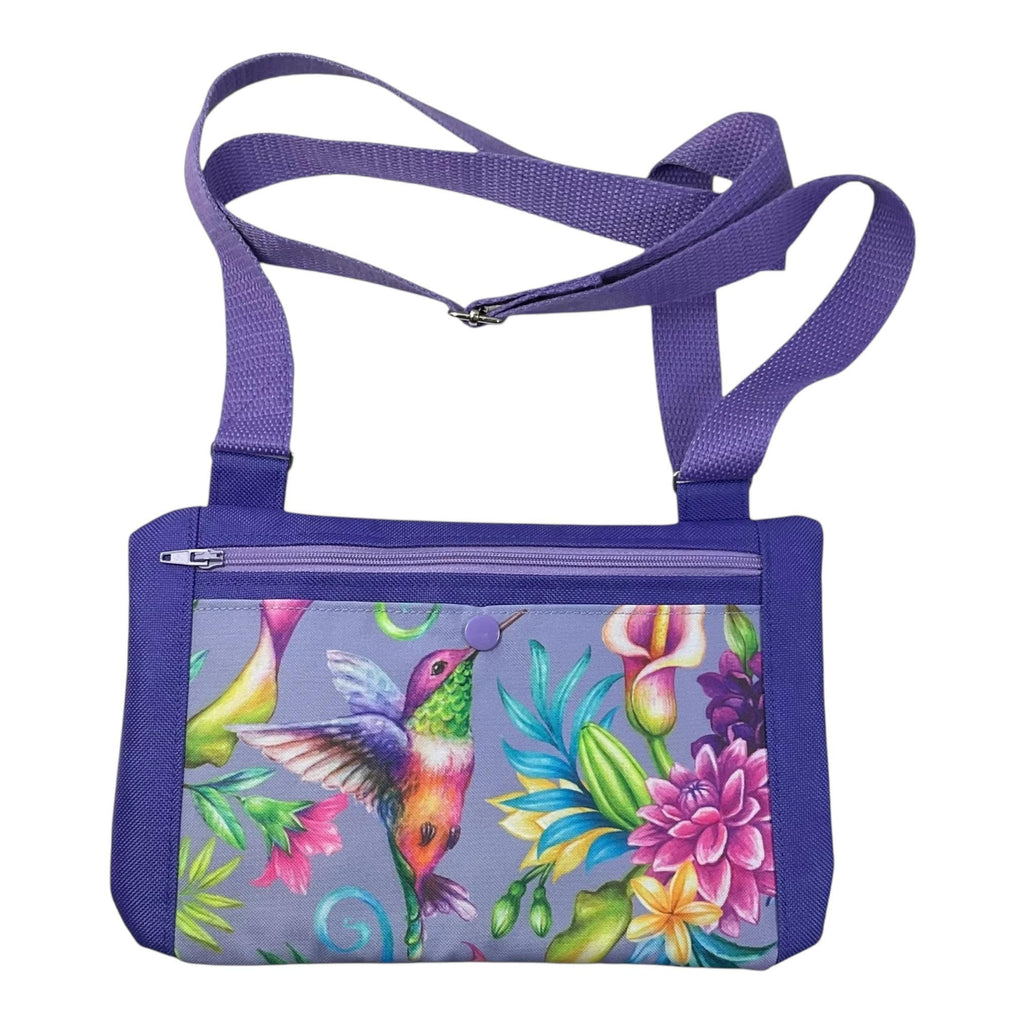 Small shoulder phone bag, flat hummingbird print Pouch, purple handbag, teenager purse, essentials bag
