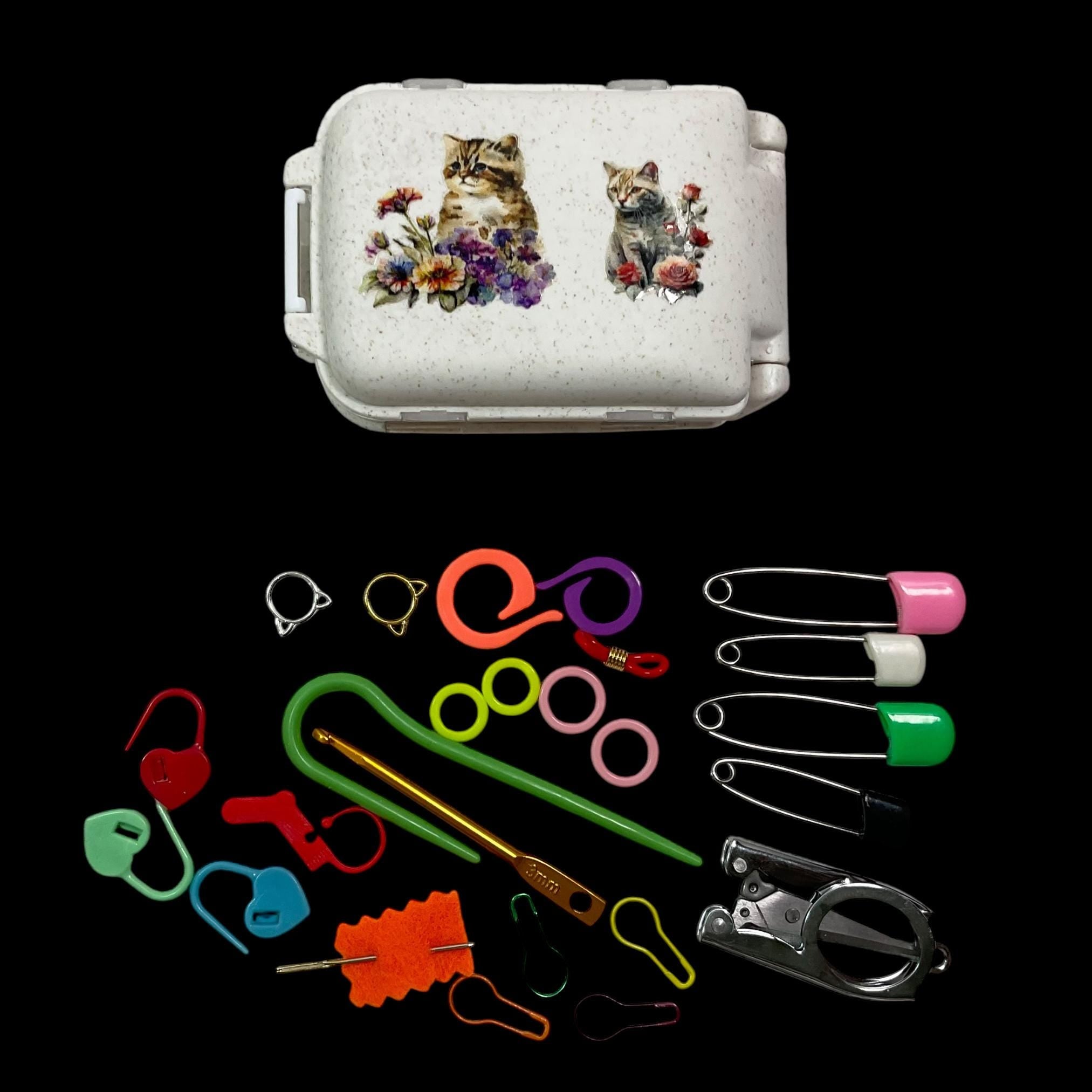 Knitting notions and accessories box filled with tools, butterfly,  sheep or cat motif, stitch marker 8 compartment organiser for crochet
