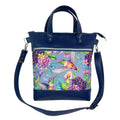Handbag in faux Leather and floral hummingbird print  fabric, medium tote style zip top shoulder crossbody with carry handles