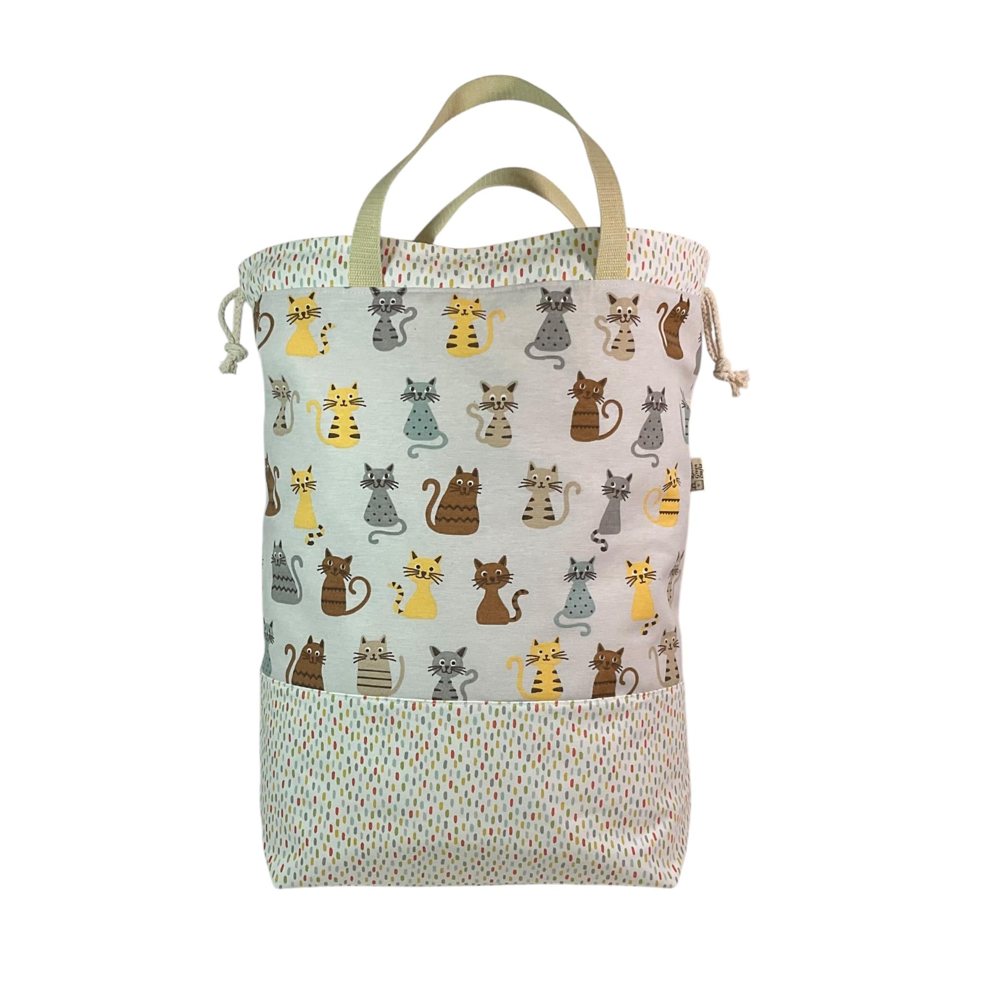 XXL  drawstring knitting bag with cat print, supersized multi pockets project bag with handles, cat lover gift