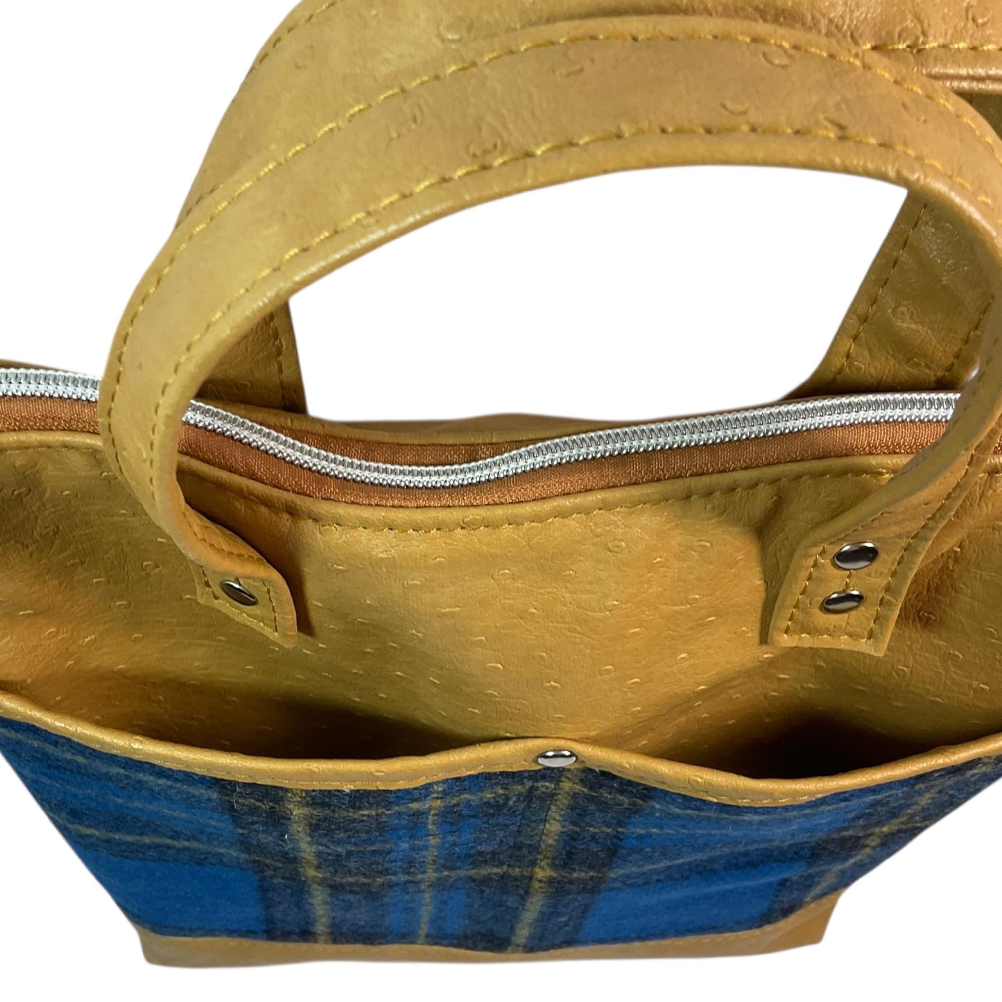 Handbag in faux Leather and blue British wool fabric, medium tote style zip top shoulder crossbody with carry handles
