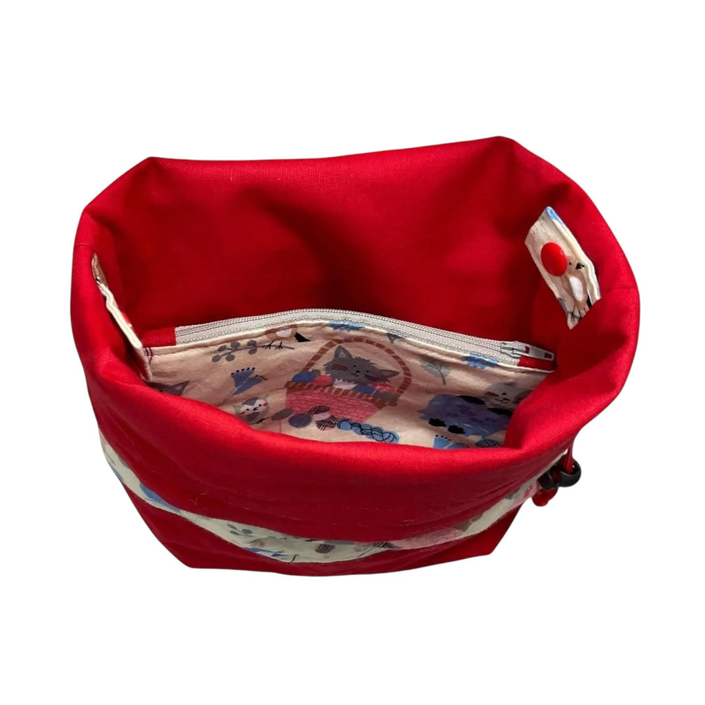 Two at a time knitting bag with cats, medium sock sack, red divided drawstring crochet and crafting work in progress bag , WIP bag