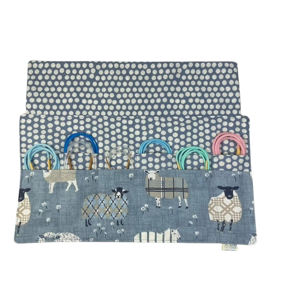Circular knitting needle case with denim blue sheep,  fixed circular wallet,  sock needles storage pouch, knitters gift