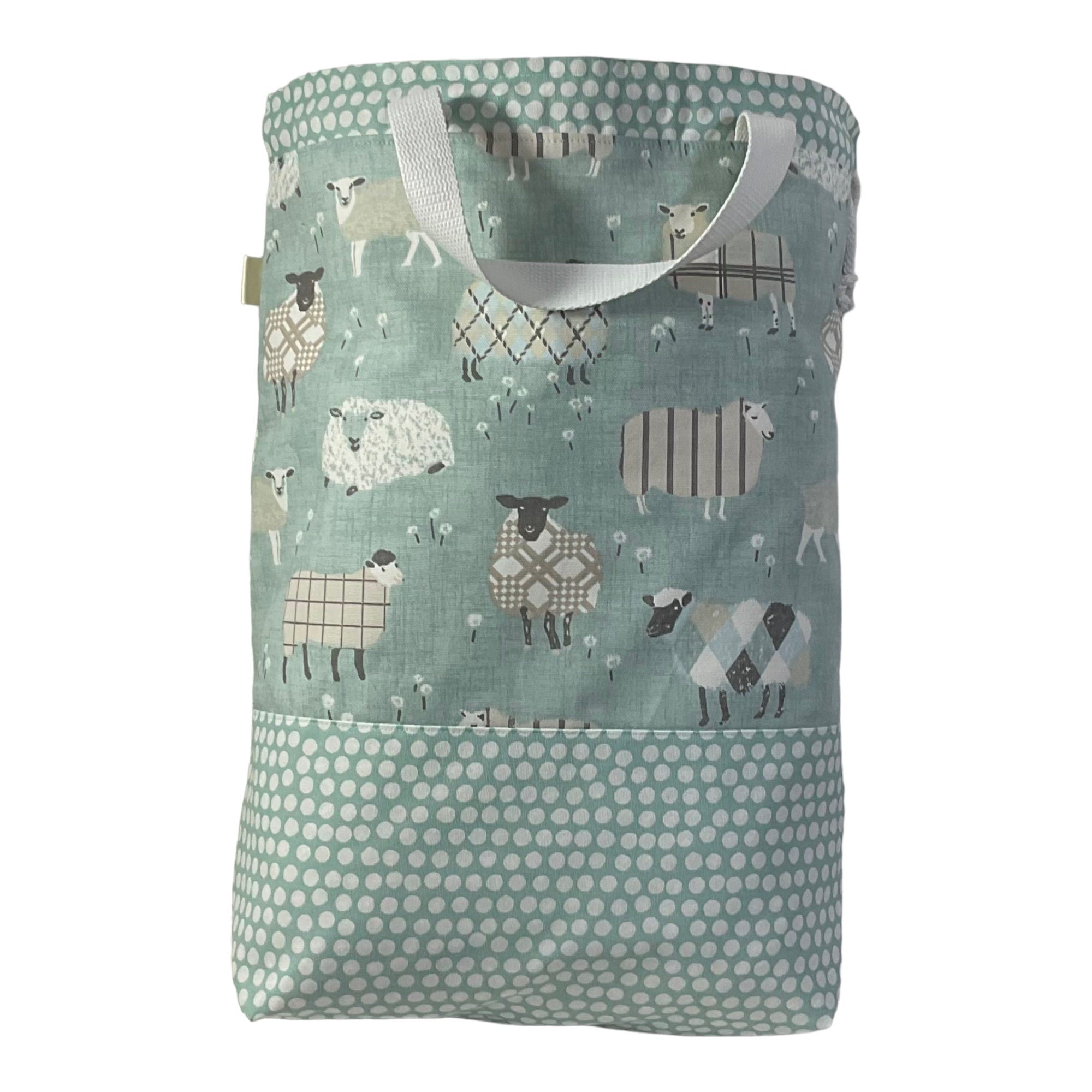 XXL  drawstring knitting bag with Turquoise coloured sheep print, supersized multi pockets project bag with handles