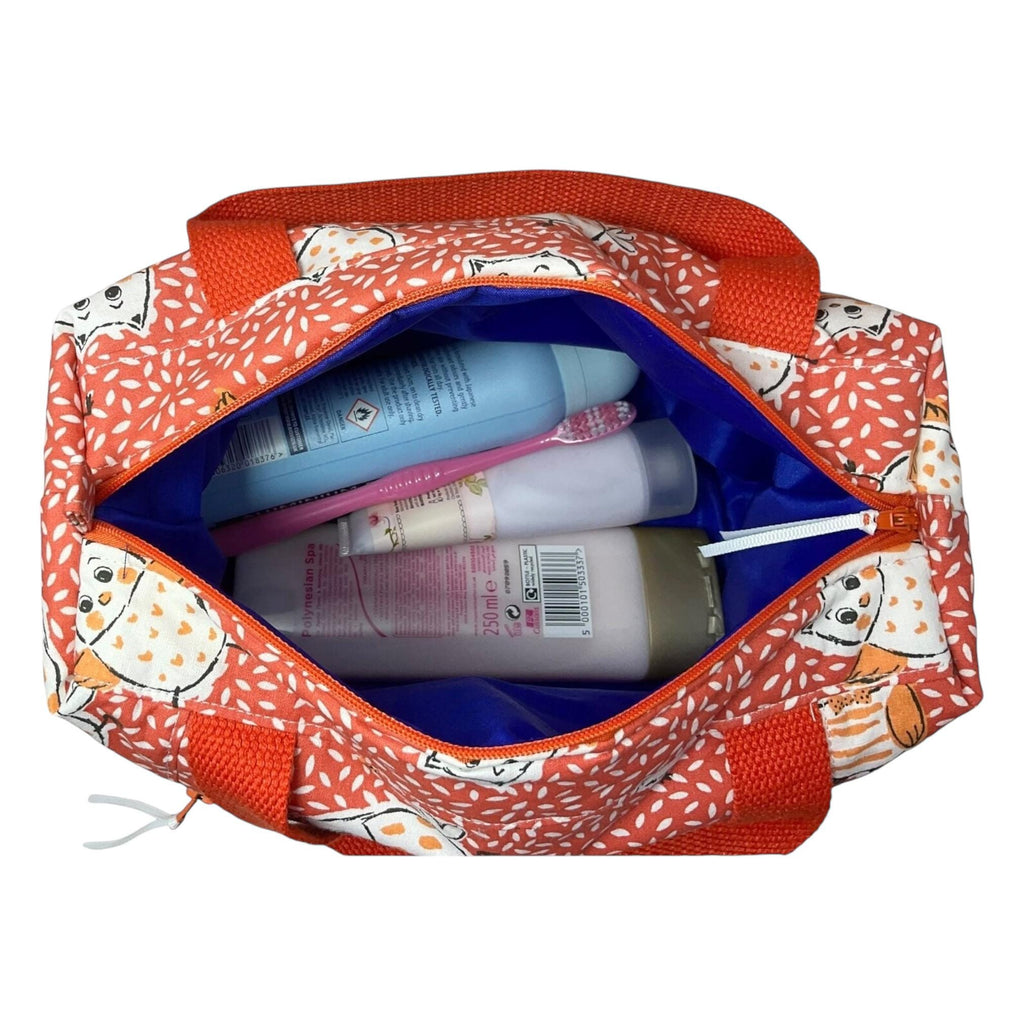 Large owl toiletries bag with handles and zip pocket, bird print Waterproof lined wash pouch, camping  ladies  gift, womens sponge bag