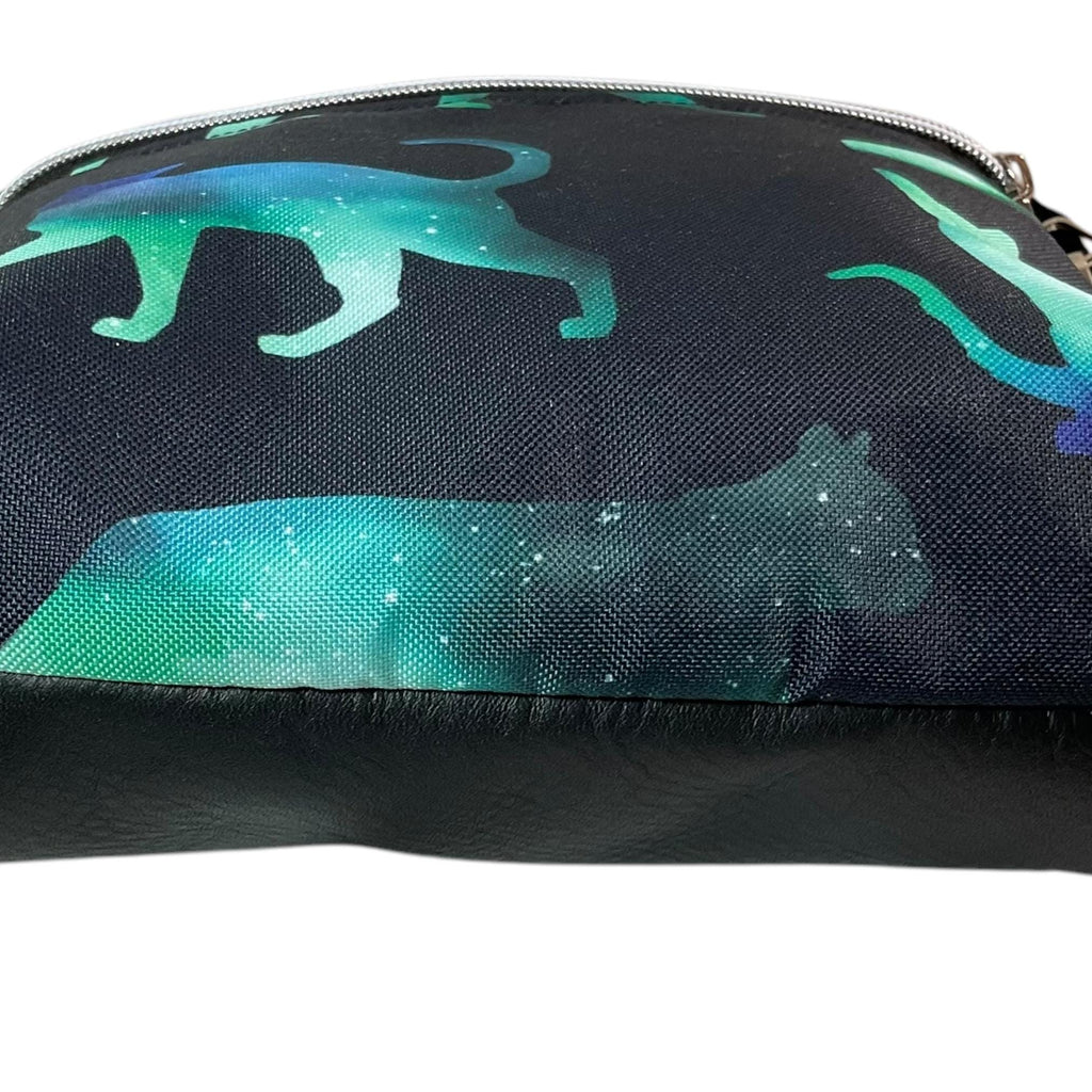 Leather Crossbody Bag: Green Cat Print Canvas, Handmade