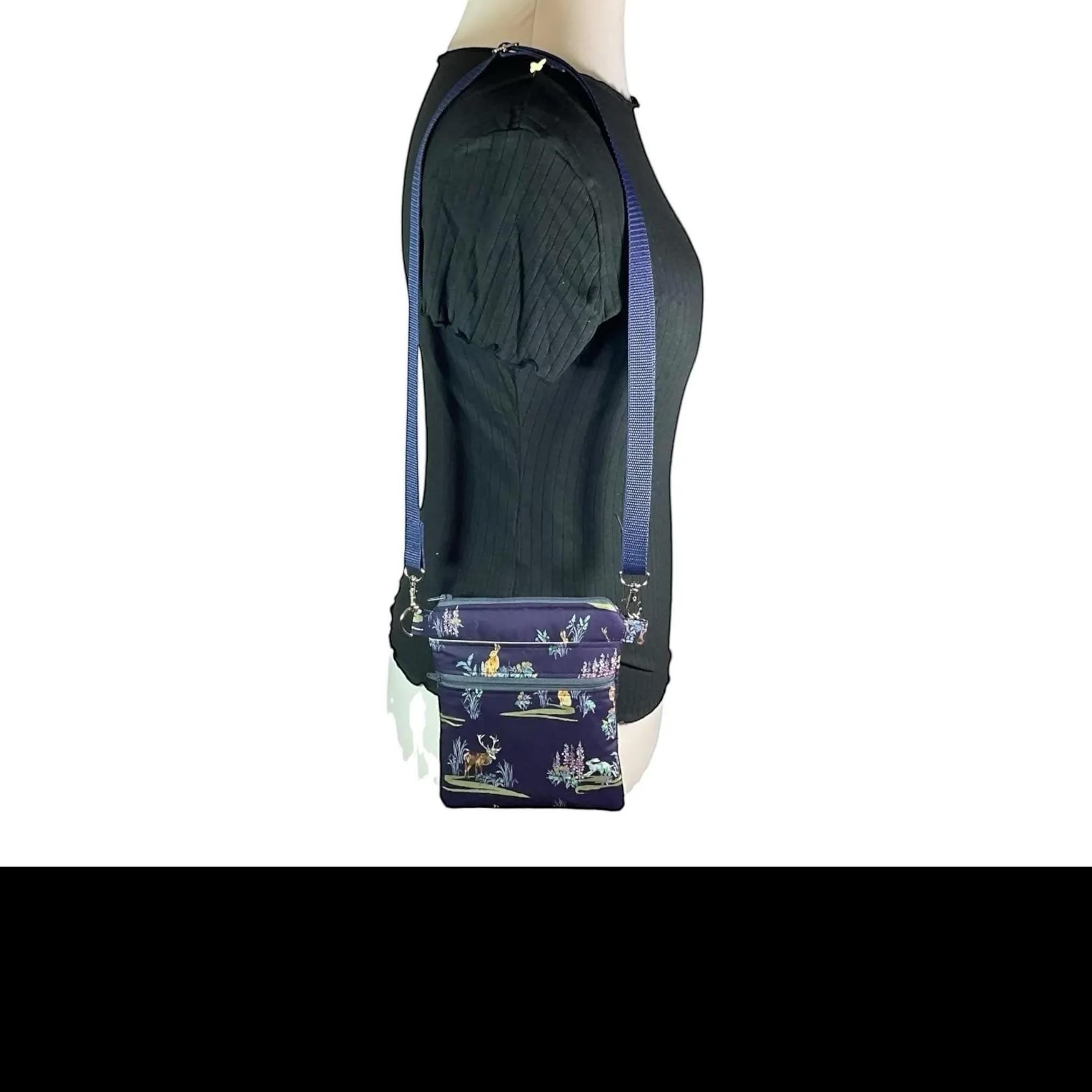 Liberty fabric slim phone shoulder bag with multi pockets, teen messenger style floral phone pouch, mini clutch bag, clubbing festival bag,