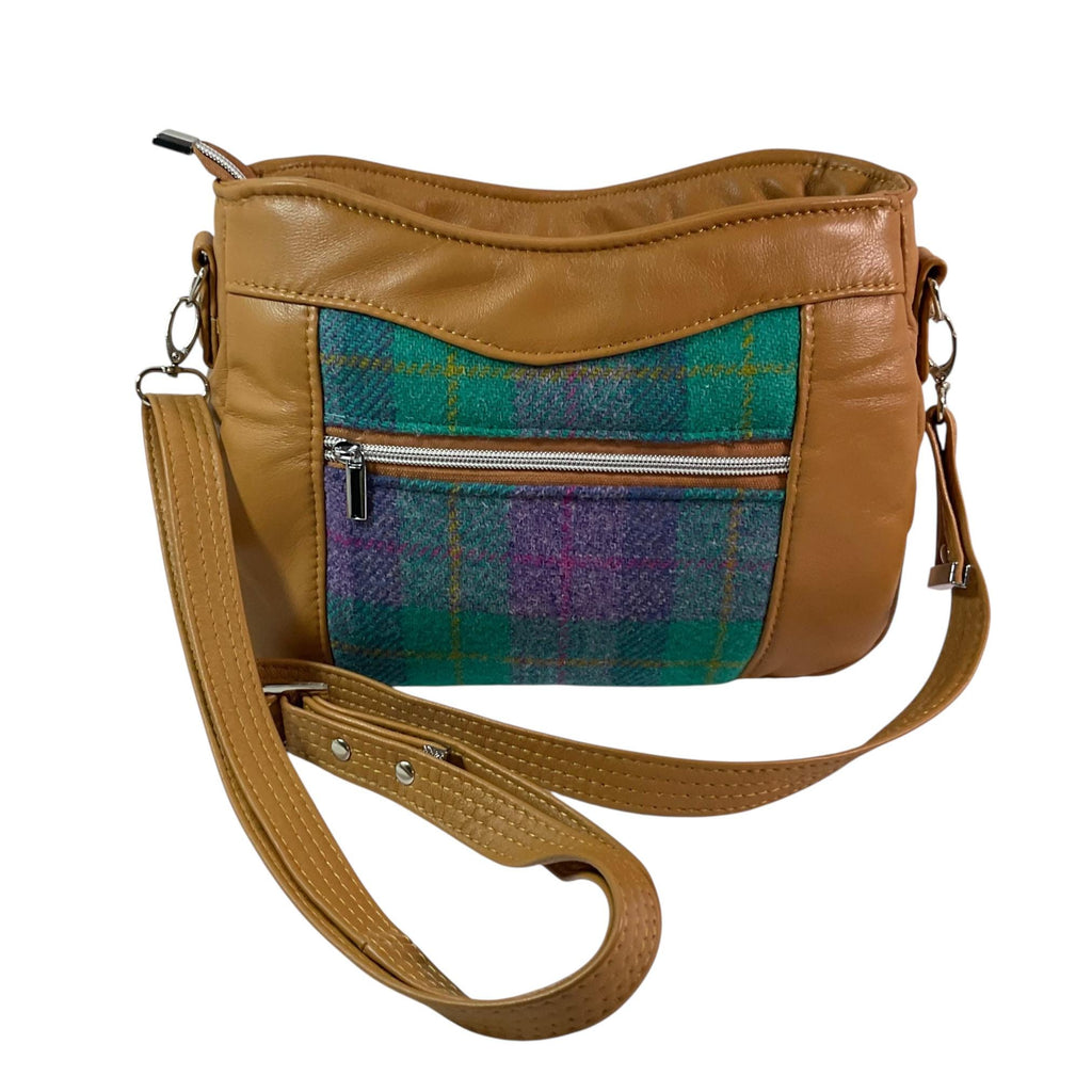 Handbag in genuine leather and Harris tweed tartan print pure wool, green and purple check medium sized zip top shoulder bag