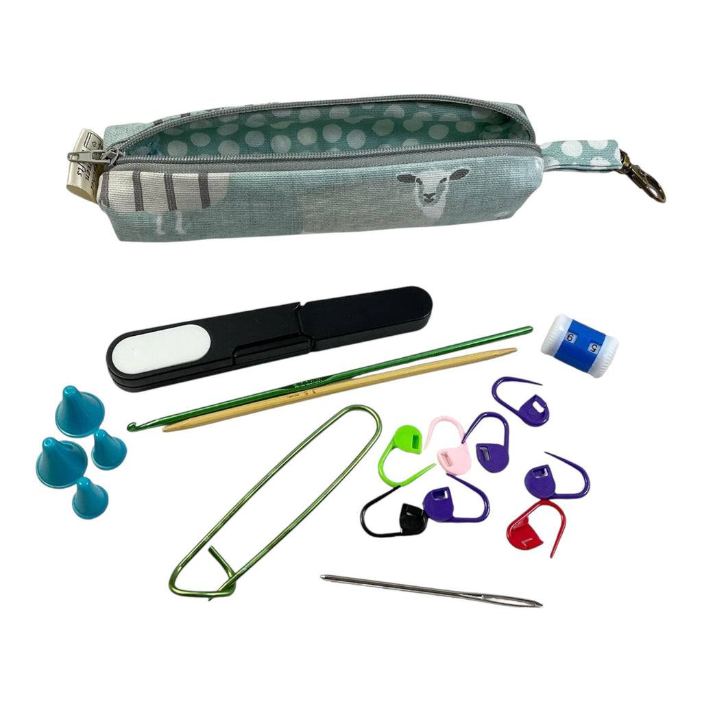 Knitting and crochet travel notions kit, clip on knit bag travel kit, stitch markers, accessories pouch, travel scissors, crafting kit