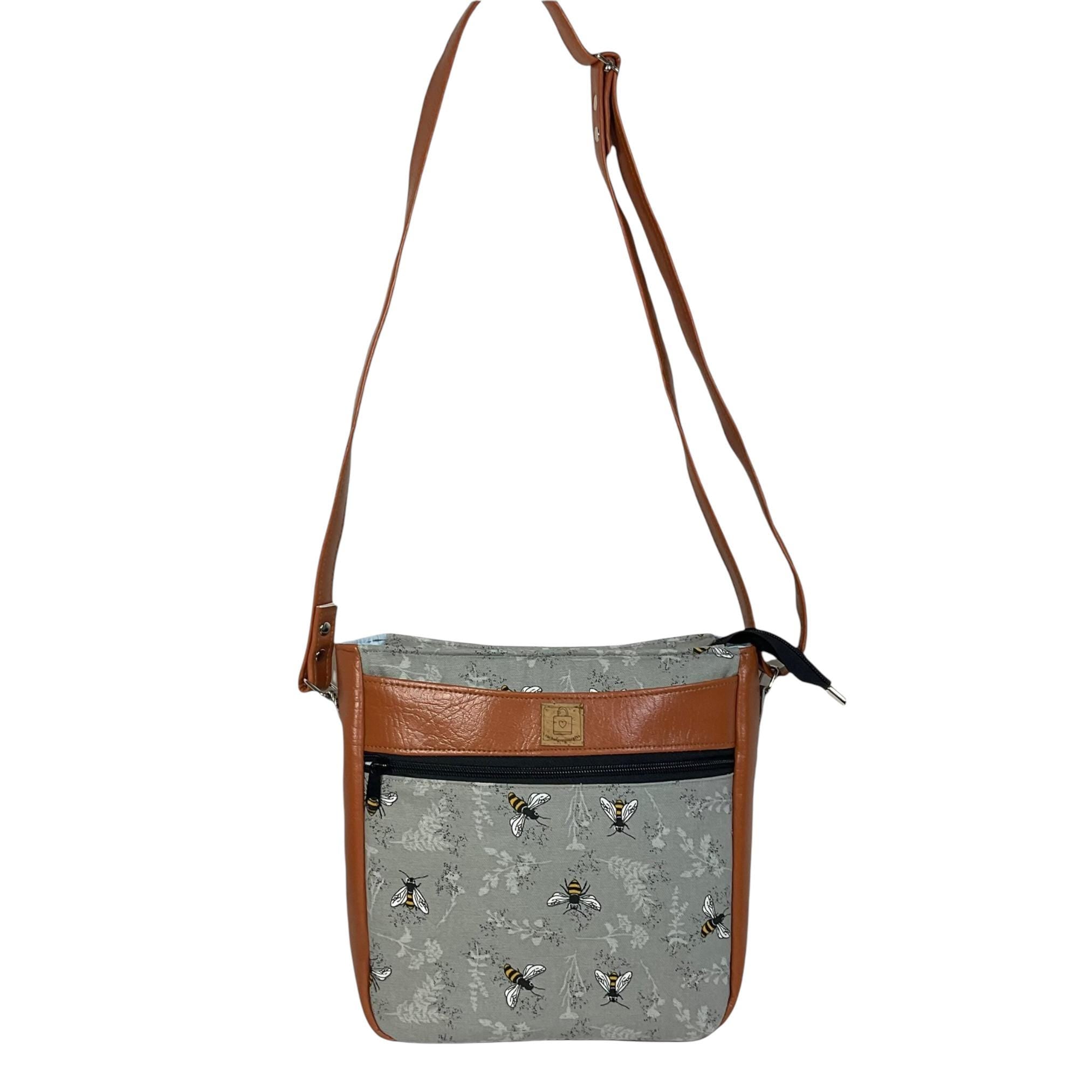 Handbag in faux leather and bee print,  vegan ladies gift, crossbody bag, shoulder zip pouch