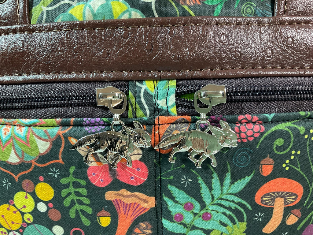 Crossbody Handbag in fox and squirrel print,  made in chocolate shade faux leather,  large woodland shoulder tote, zip pocket,  ladies gift