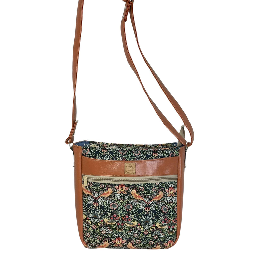Handbag in faux leather and strawberry thief bird print, vegan ladies gift, crossbody bag, shoulder zip pouch