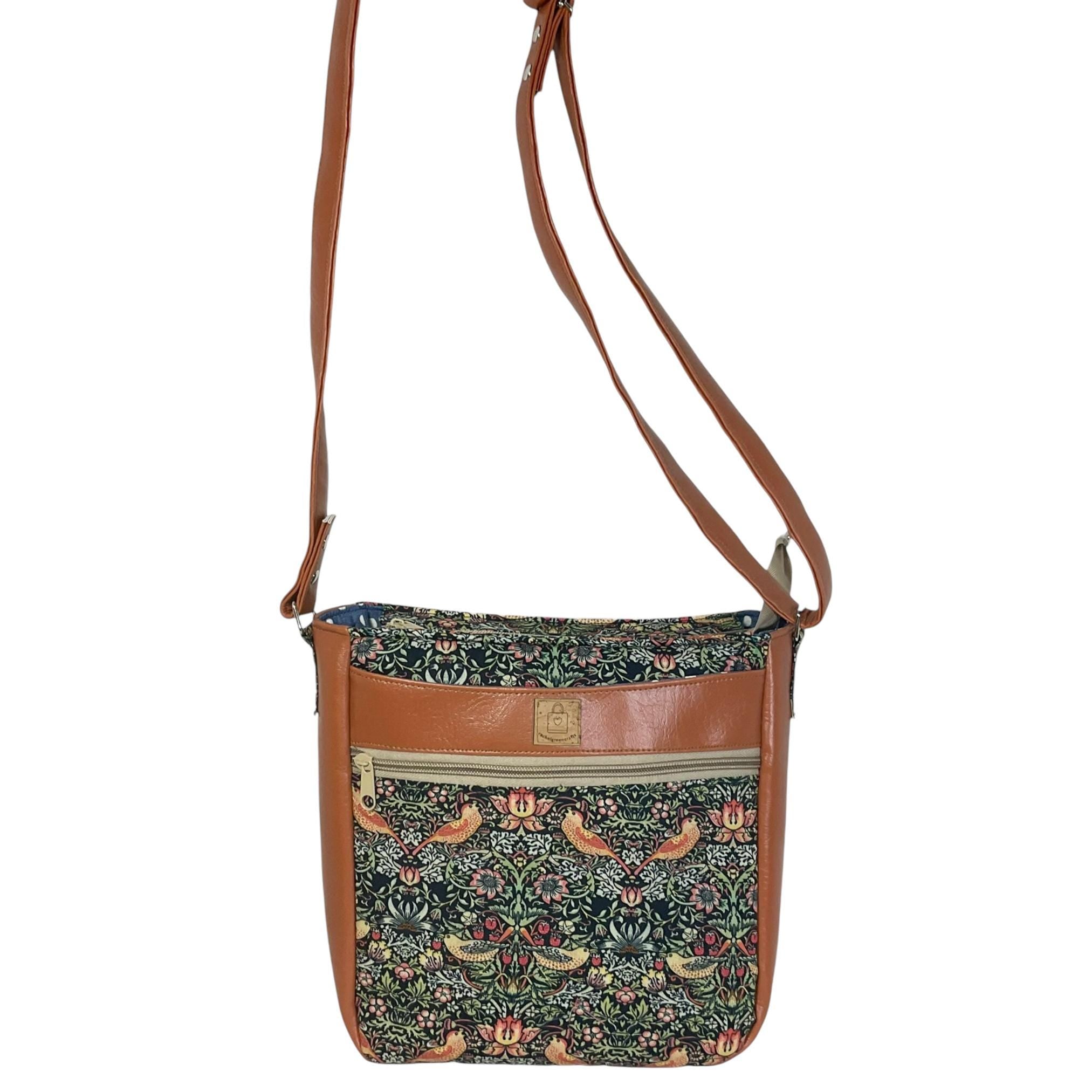 Handbag in faux leather and strawberry thief bird print, vegan ladies gift, crossbody bag, shoulder zip pouch