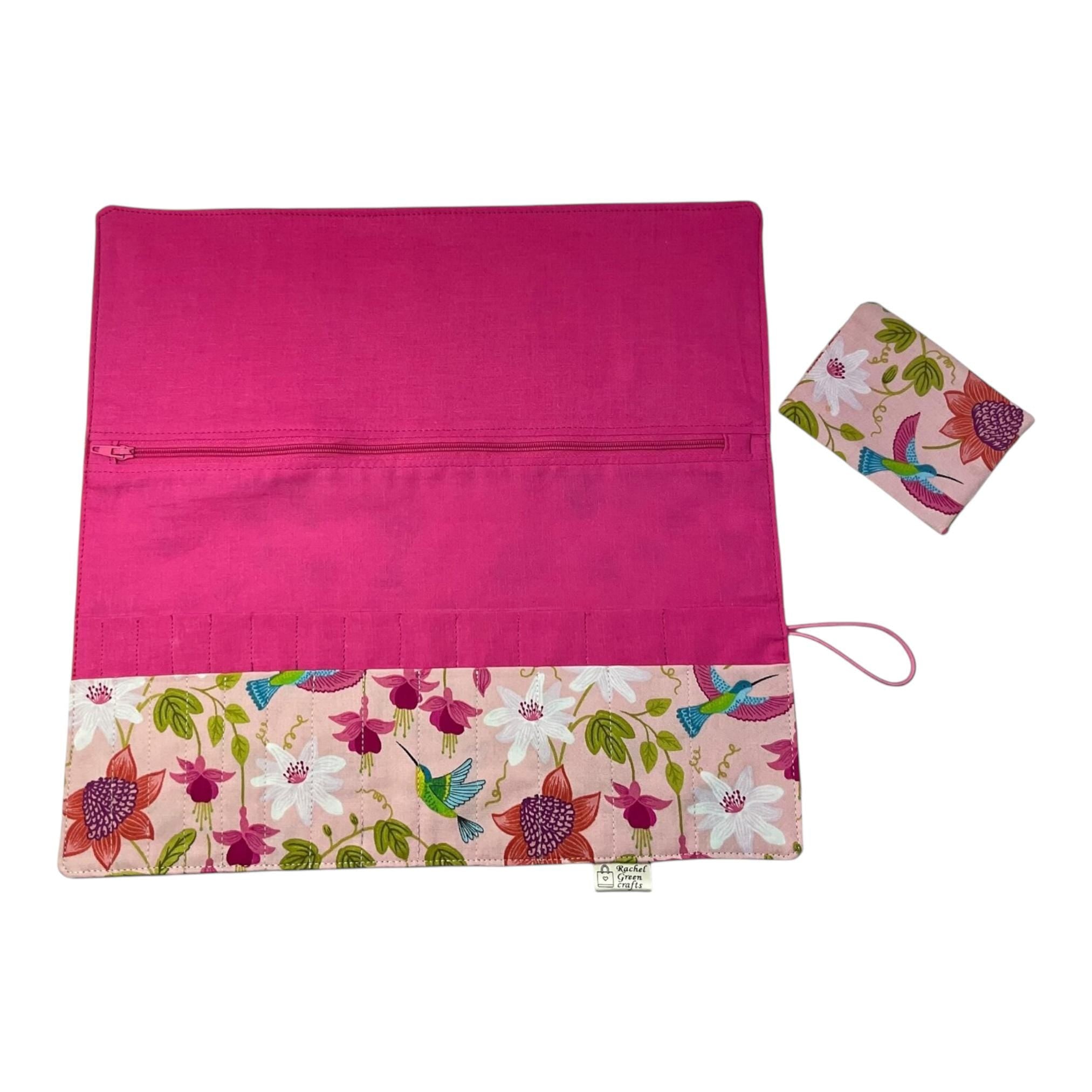 Interchangeable knitting needle case with floral hummingbirds ,holds 2 sets, addi case, chiagoo wallet, knit pro organiser, hiya hiya pouch