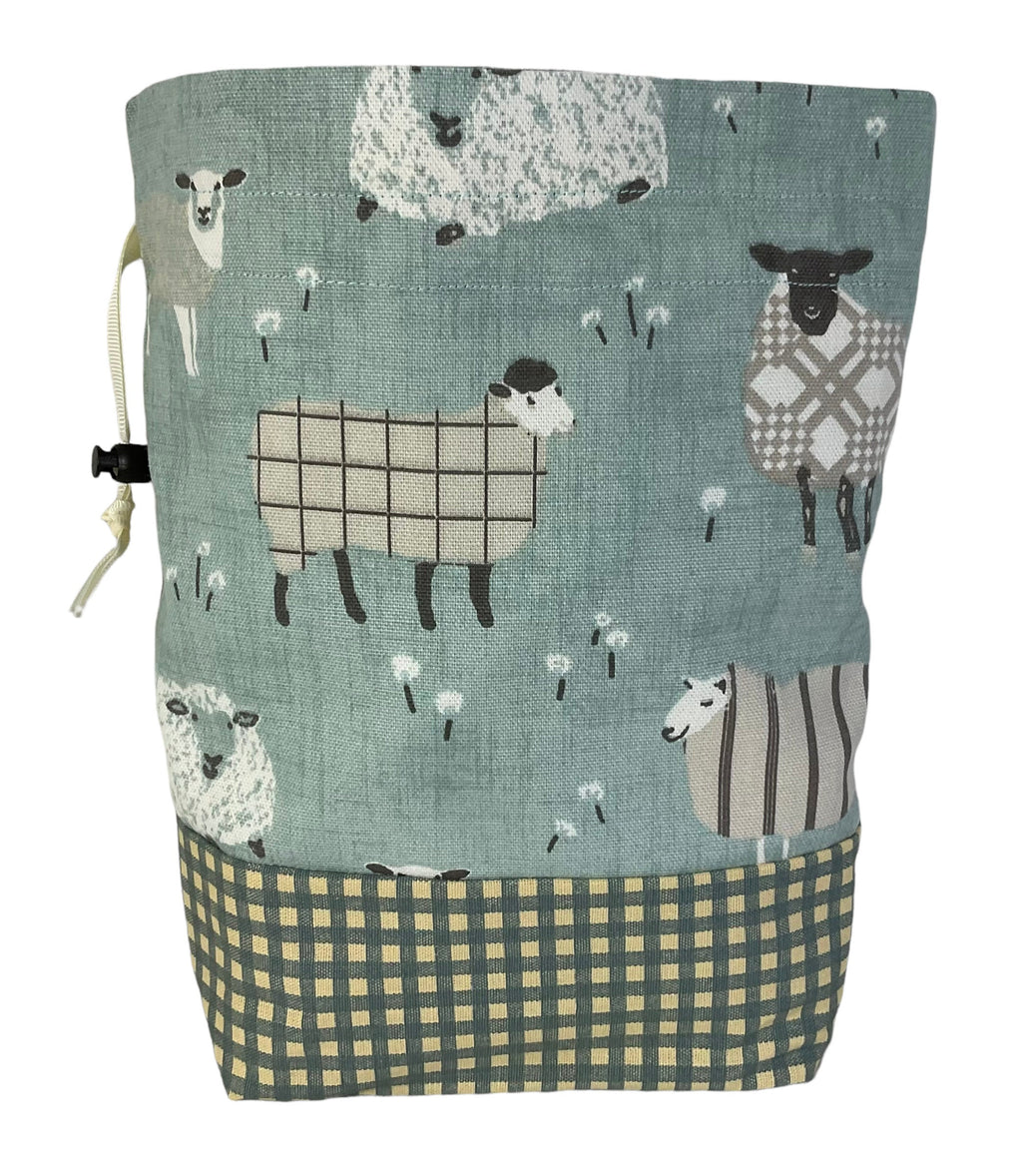 Two at a time knitting bag with tartan/plaid sheep, blue sock sack, drawstring divided, shoe, toiletries pouch, work in progress, WIP