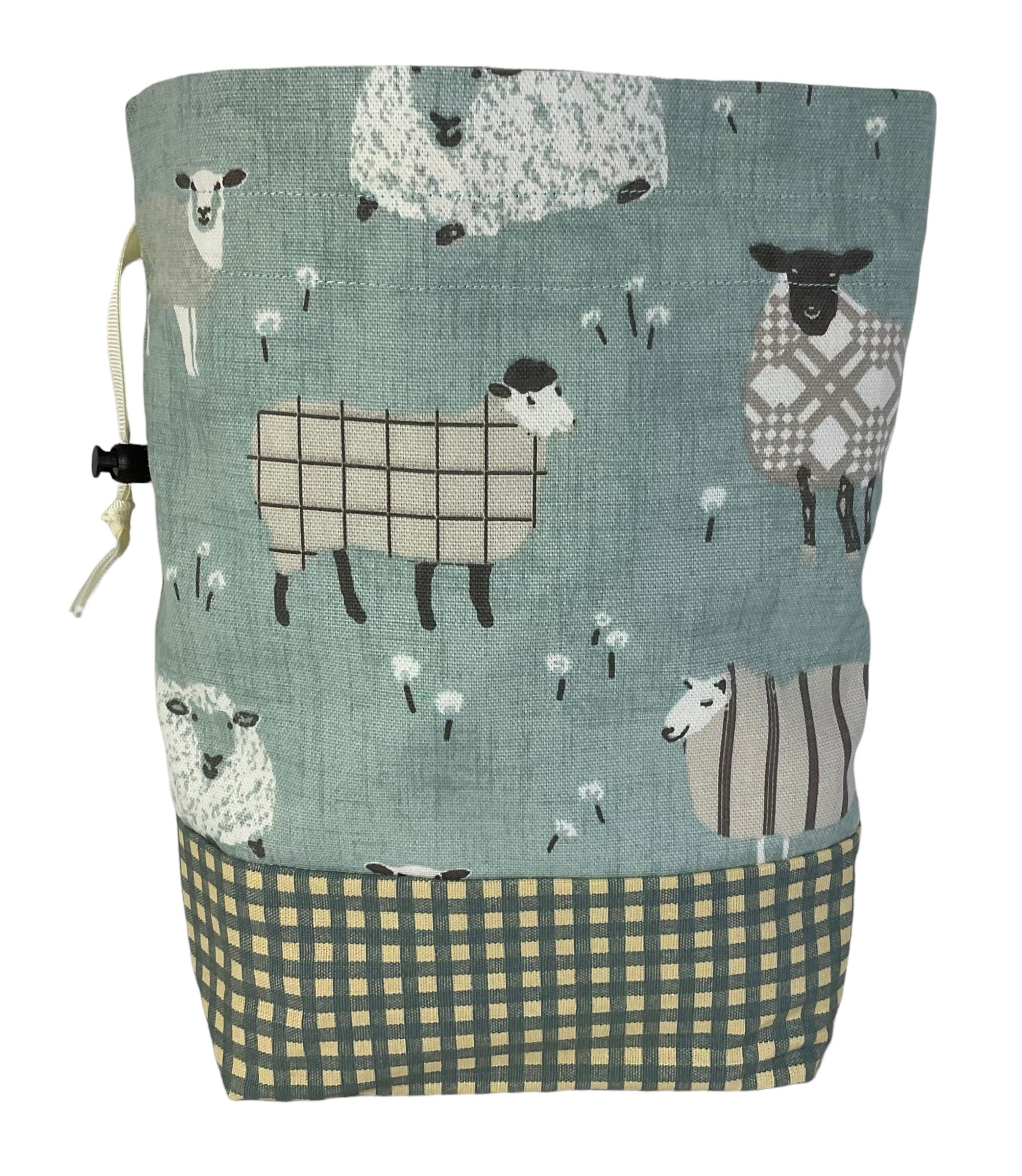 Two at a time knitting bag with tartan/plaid sheep, blue sock sack, drawstring divided, shoe, toiletries pouch, work in progress, WIP