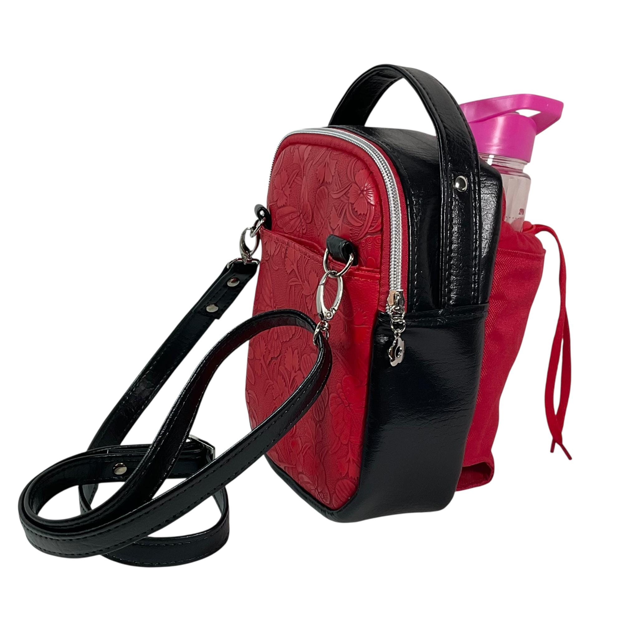 Sling bag, Water Bottle holder red butterfly Water-Resistant Faux Leather, Travel Day Trip