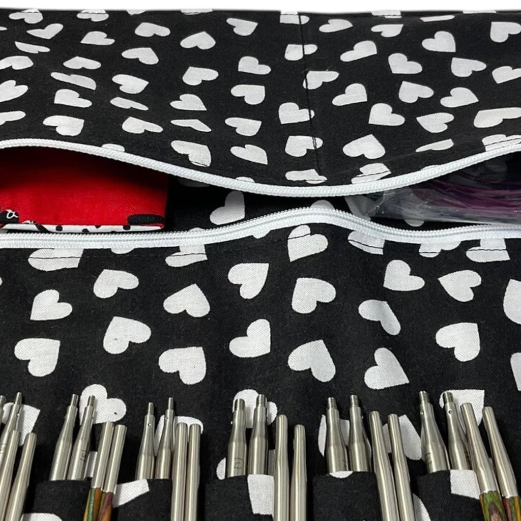 Interchangeable knitting needle case with knitting  sheep, holds 2 sets, addi case, chiagoo wallet, knit pro organiser, hiya hiya pouch