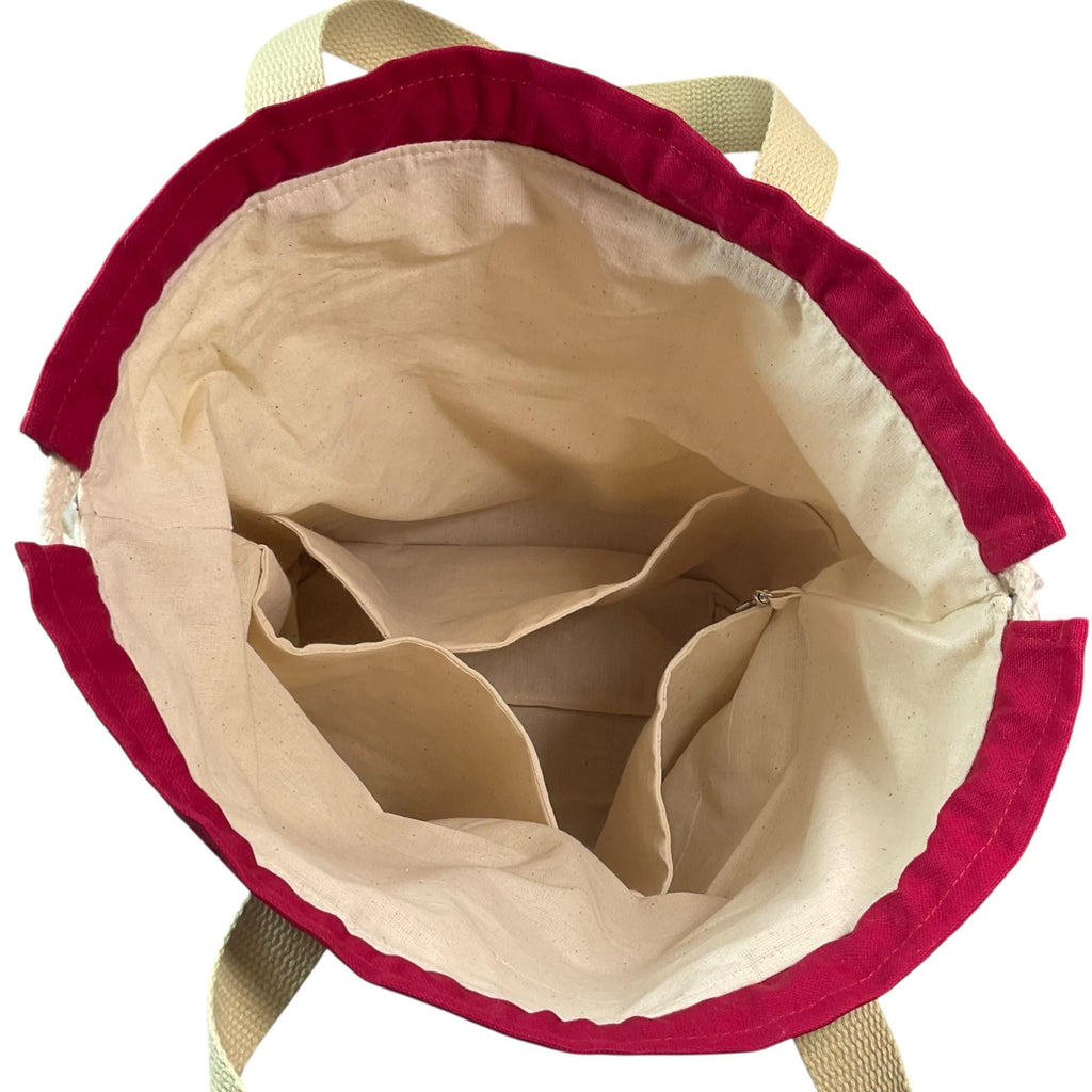 Extra Large drawstring knitting bag with red sheep print, multi pockets project bag with handles