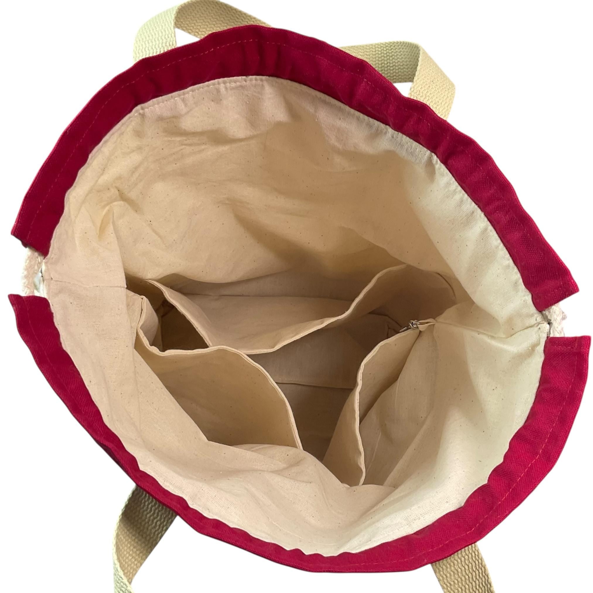 Extra Large drawstring knitting bag with red sheep print, multi pockets project bag with handles