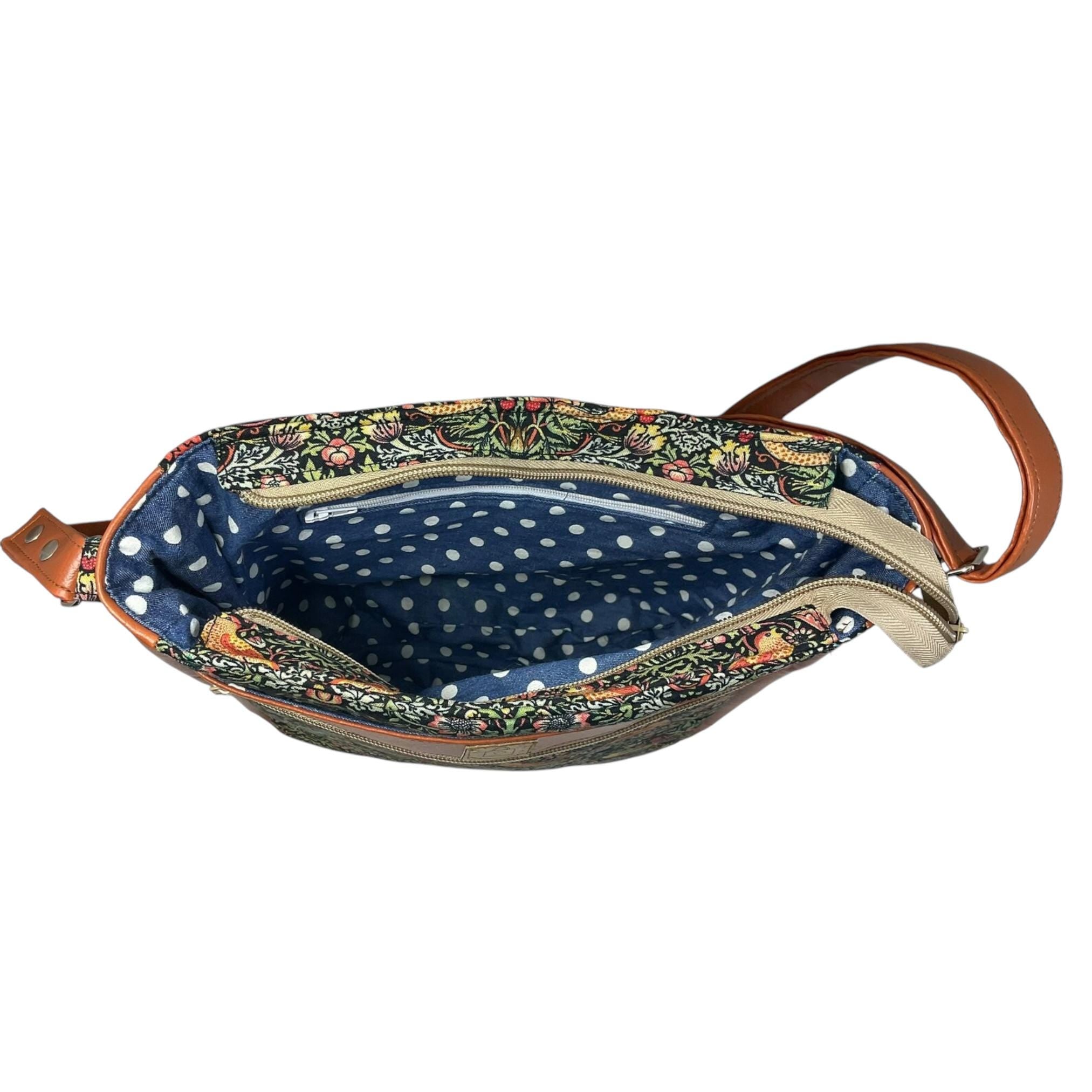 Handbag in faux leather and strawberry thief bird print, vegan ladies gift, crossbody bag, shoulder zip pouch